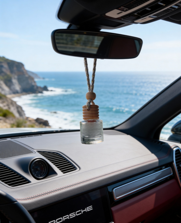 Seadrift & Sage coastal car fragrance hanging from rearview mirror overlooking the coastline