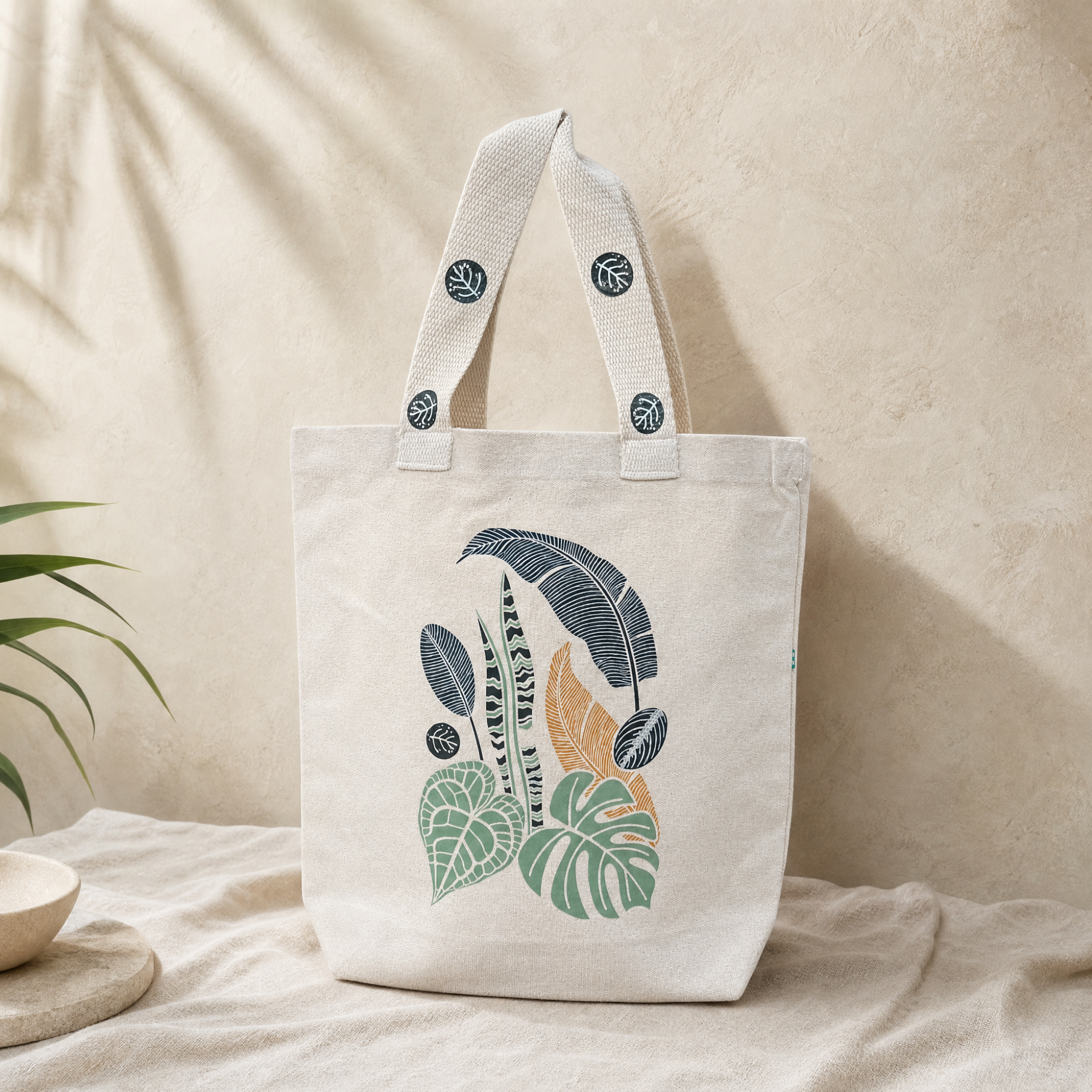 Tropical botanical canvas tote bag in natural cream with sage green, charcoal, and ochre leaf print and leaf medallions on the handles