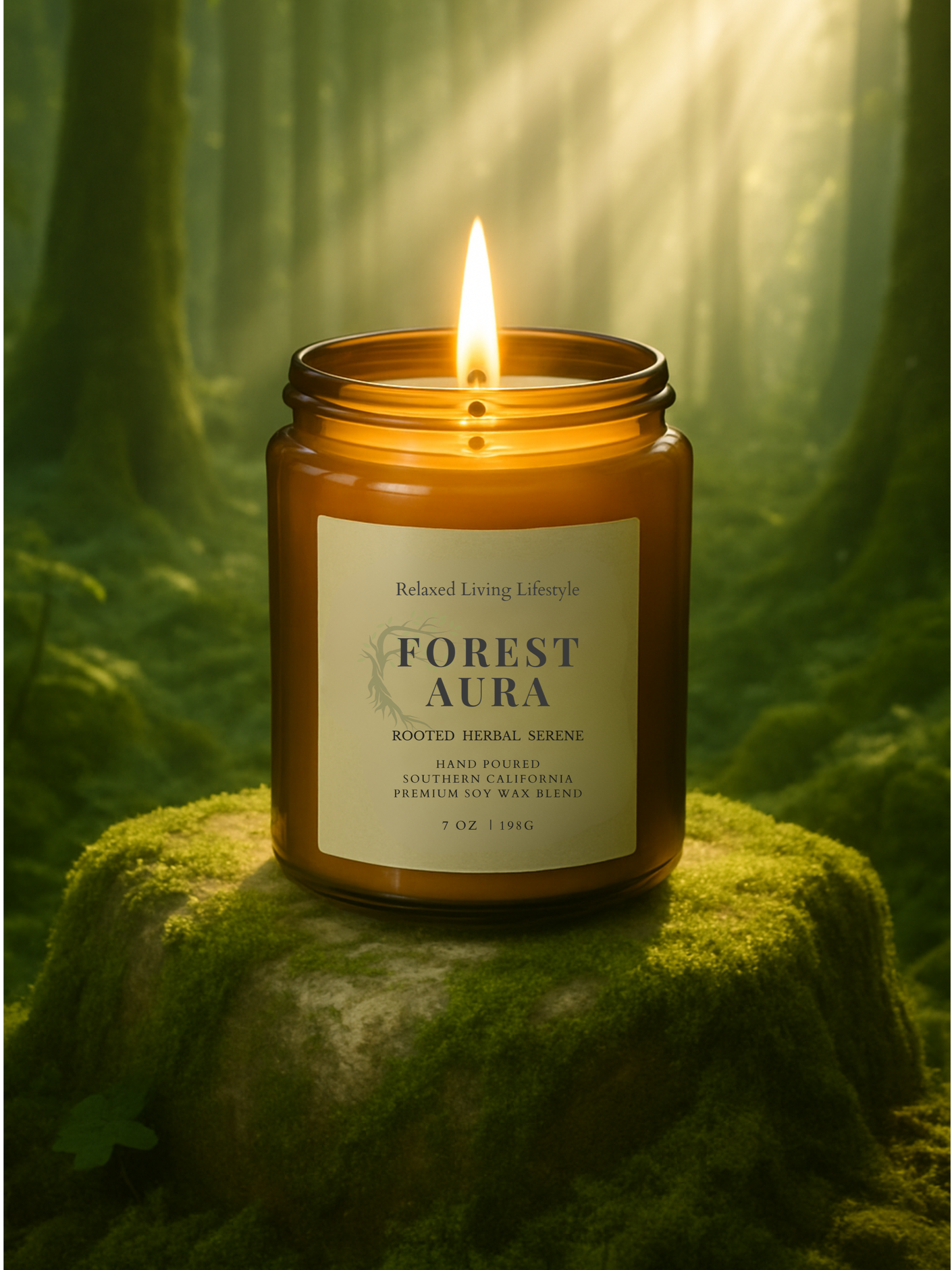 Forest Aura candle with earthy, herbal notes of peppercorn, sage, moss and patchouli sitting on a tree stump in a mystical forest setting