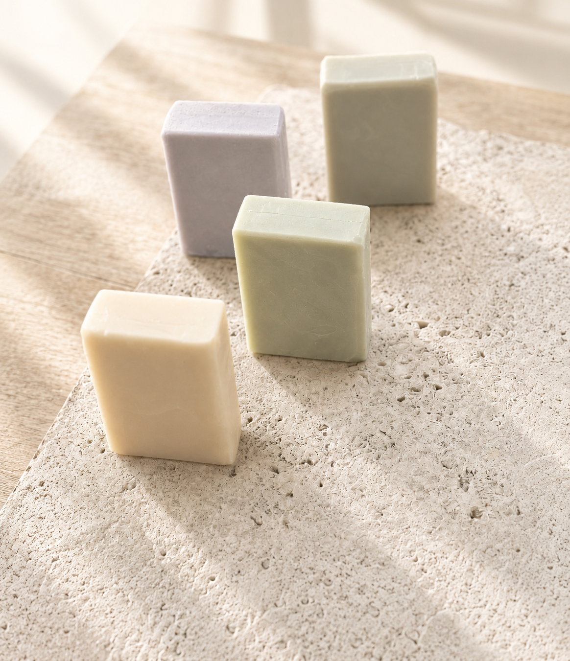 Four handcrafted goat milk and shea butter soaps displayed on a light limestone surface in soft natural window light, showcasing a collection of artisan soap bars.