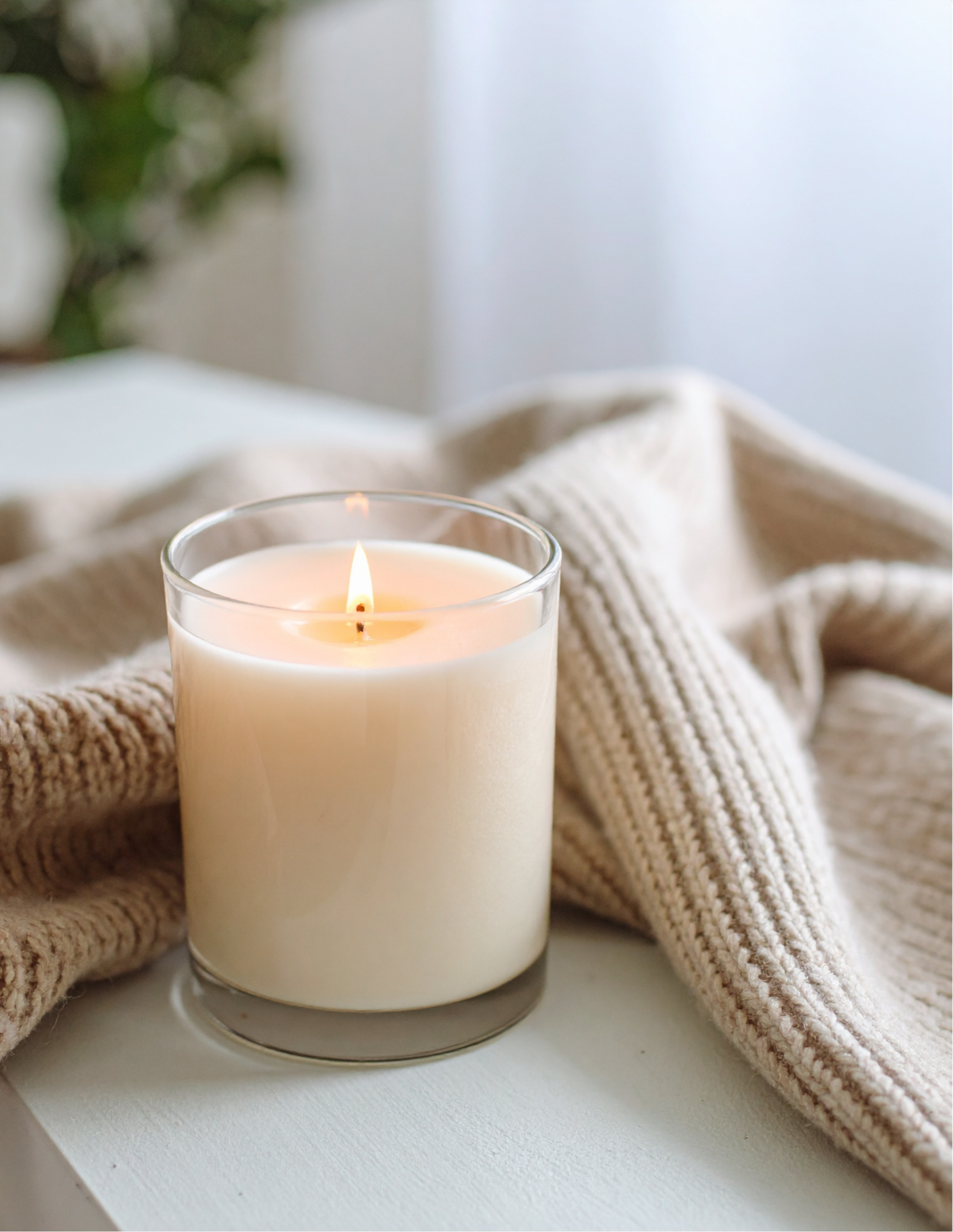 “Lit coastal-inspired candle styled with soft linen texture in a calm living space during a home reset ritual.