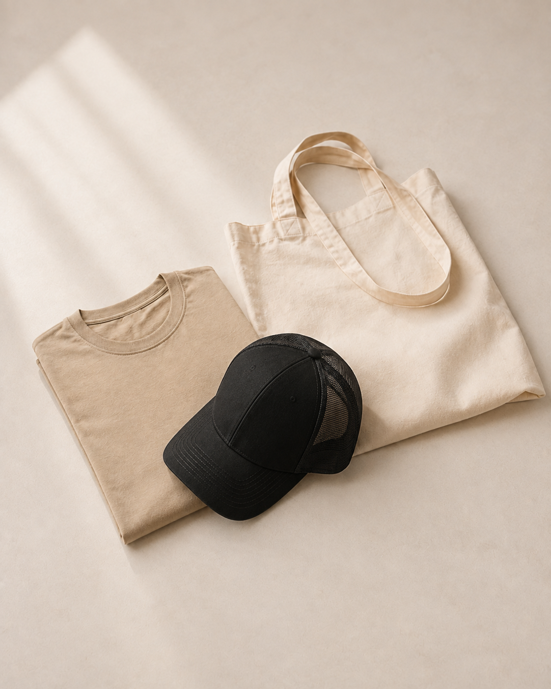 Folded sand-colored T-shirt with a black trucker hat and natural canvas tote bag arranged on a light stone surface.