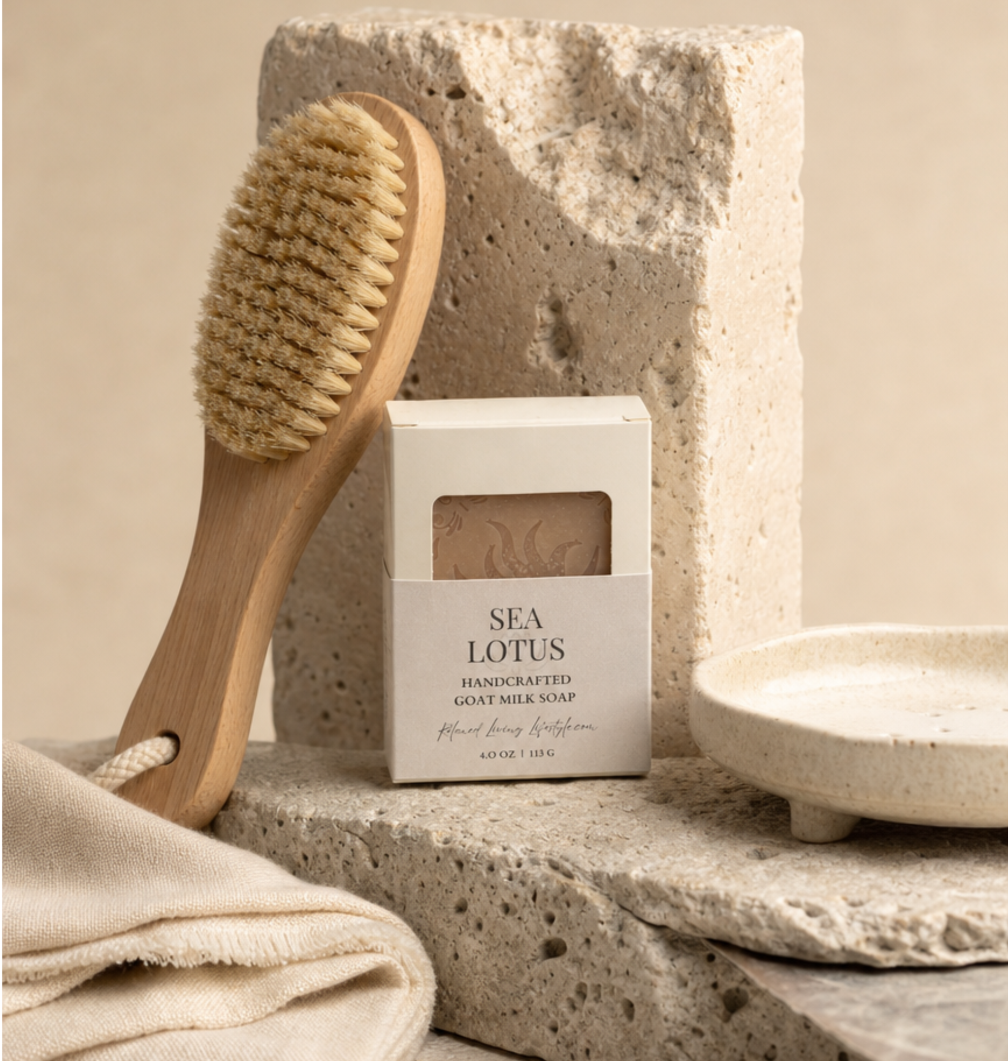 Sea Lotus handcrafted goat milk soap in a window box package with wooden bath brush and travertine stone