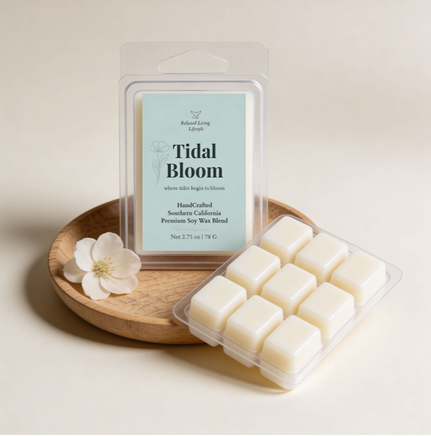 Tidal Bloom wax melt displayed on a small wooden tray with floral accents, wax cubes arranged in front of the clamshell, styled against a soft neutral background with a clean coastal aesthetic.