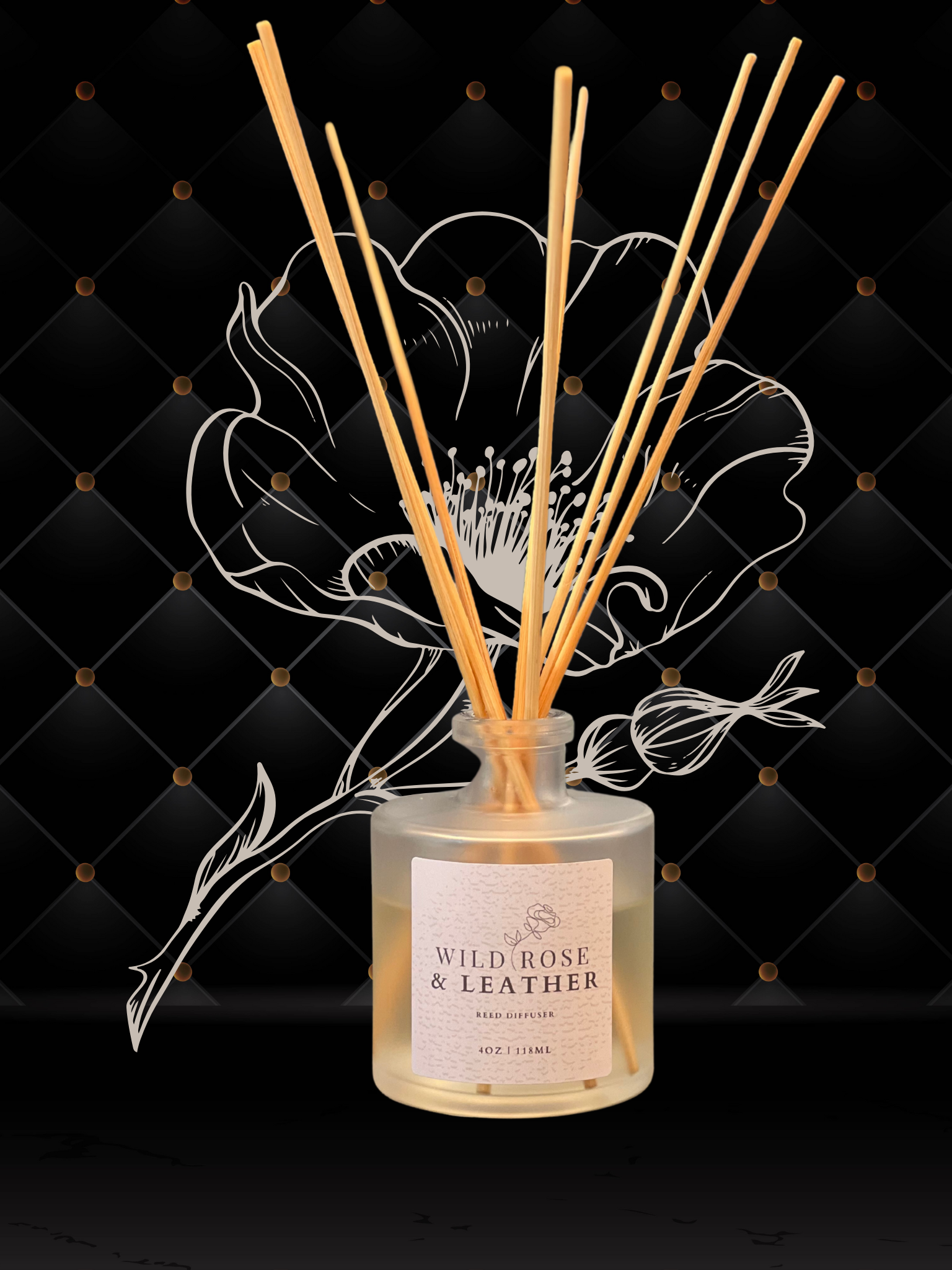 Wild Rose & leather reed diffuser with notes of rose, leather, and amber. A bold, smoky floral scent with warm, moody depth