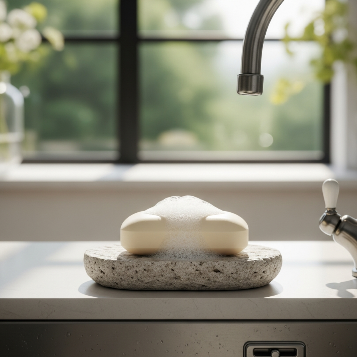 Bar of soap with creamy lather on a soap dish, styled by a large window with natural light and a soft-focus view of lush greenery outside.