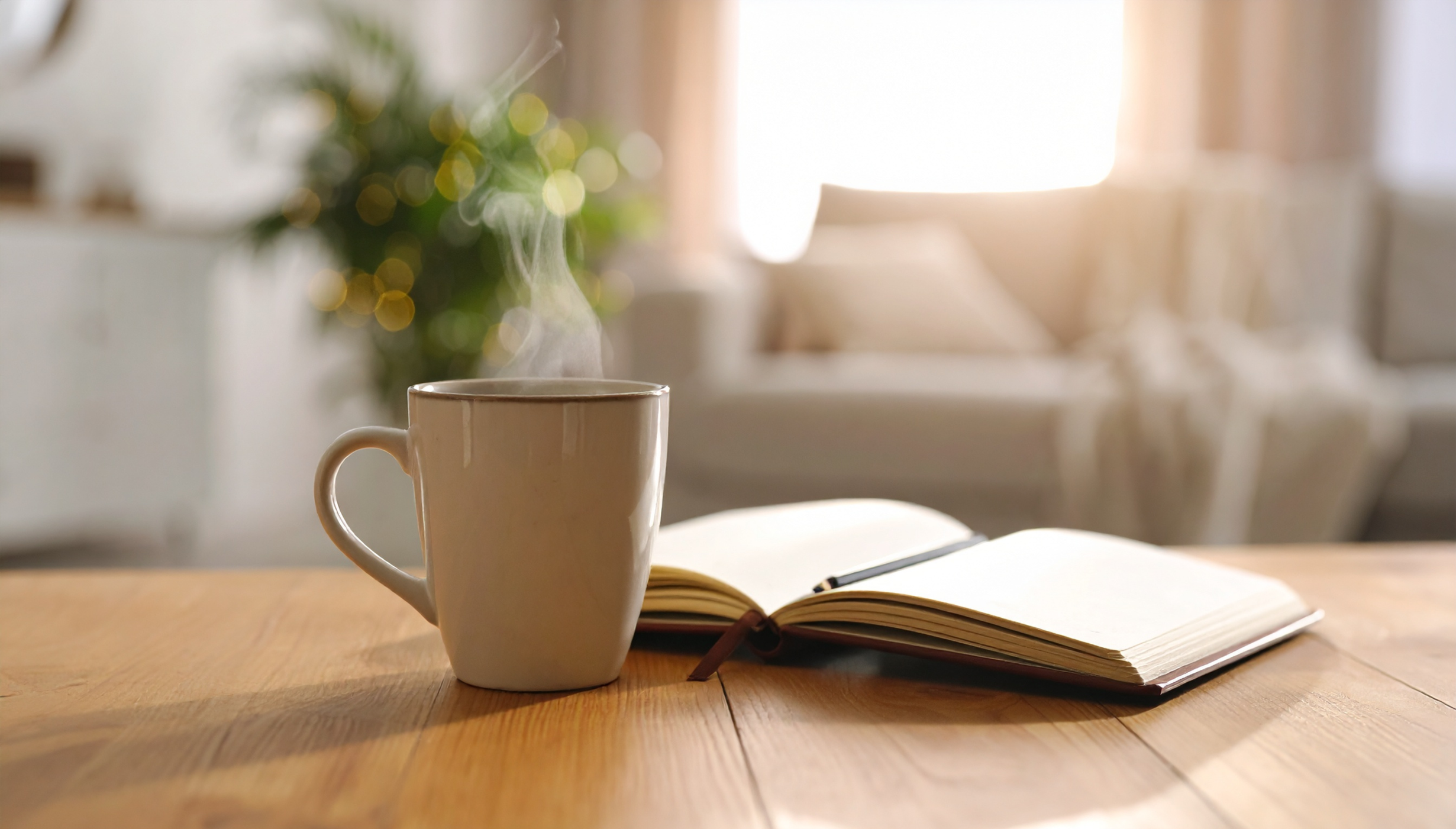 “Steaming cup of tea beside a linen journal in a calm living room setting during a weekly home reset ritual.