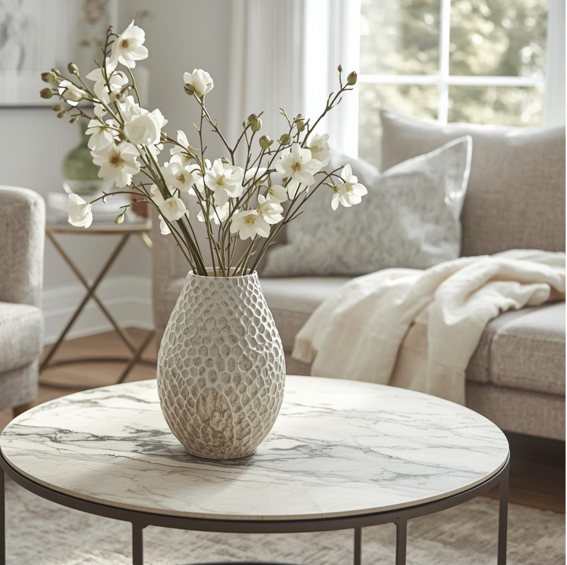 Neutral spring bouquet in a textured vase styled on a coffee table with a soft sofa and throw for a calm spring home refresh.