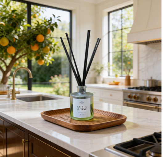 Citrus & Vine reed diffuser with notes of bergamot, neroli, and jasmine.  A bright, floral citrus scent with a soft sandalwood base