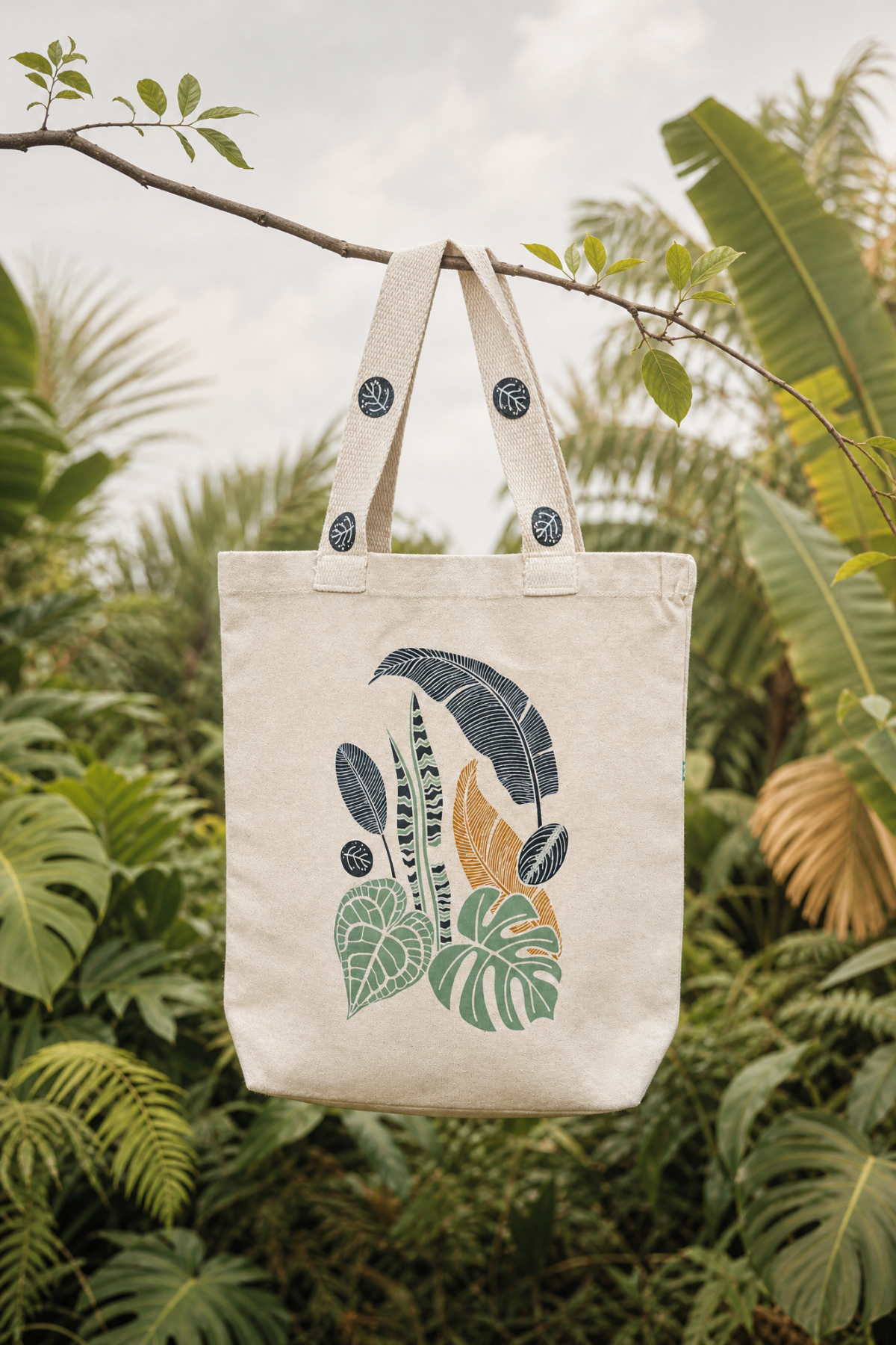 Tropical botanical canvas tote bag hanging from a slender branch in a lush tropical garden, with leaf medallions on the handles