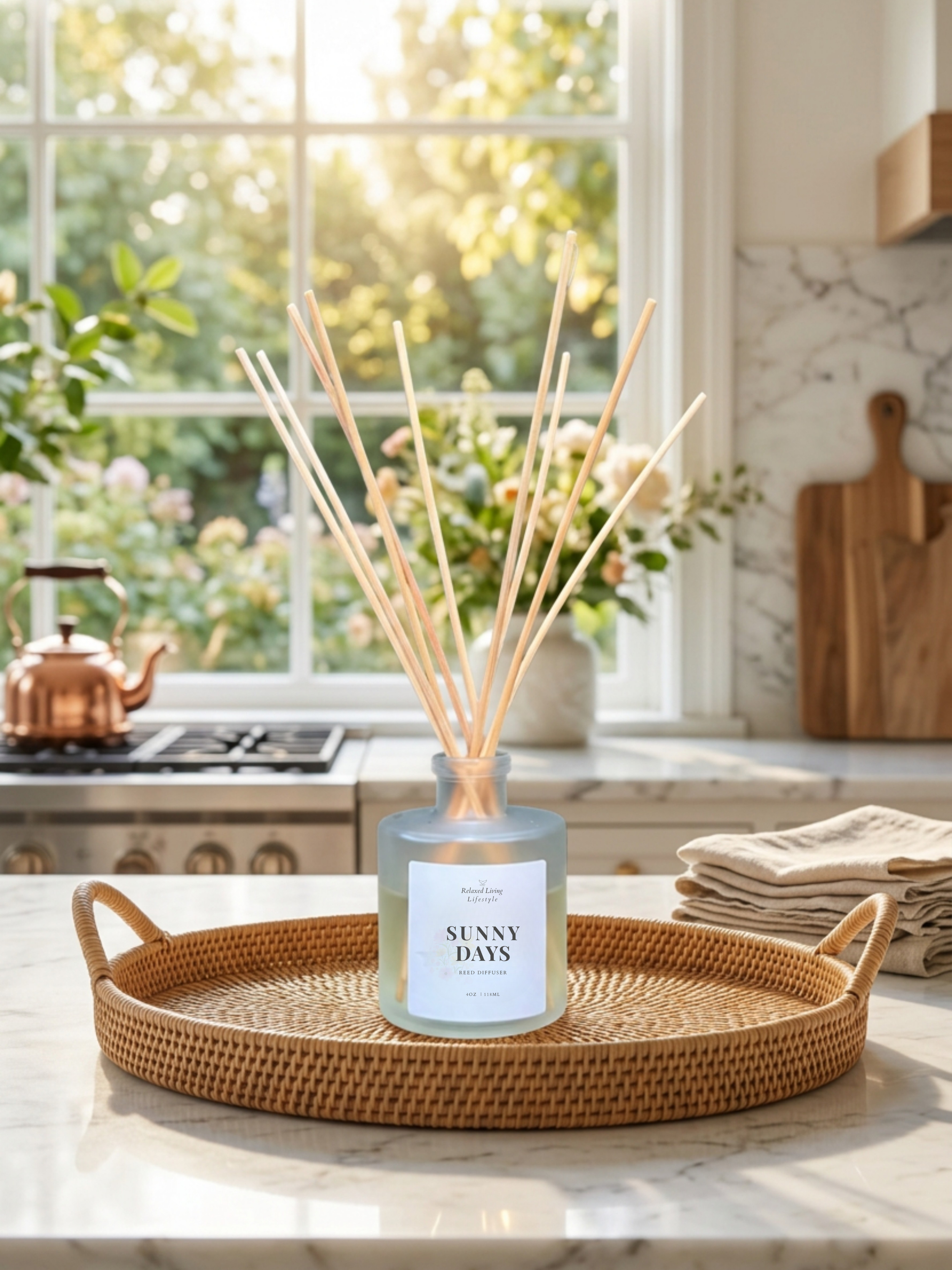 Sunny Days reed diffuser styled in a rattan tray on a kitchen counter with sunlit windows and soft greenery, creating a bright coastal home fragrance and luxury kitchen decor aesthetic.