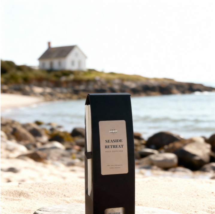 Seaside Retreat reed diffuser with notes of bergamot, sea salt, & peony.  A refreshing coastal fragrance with soft florals and clean musk