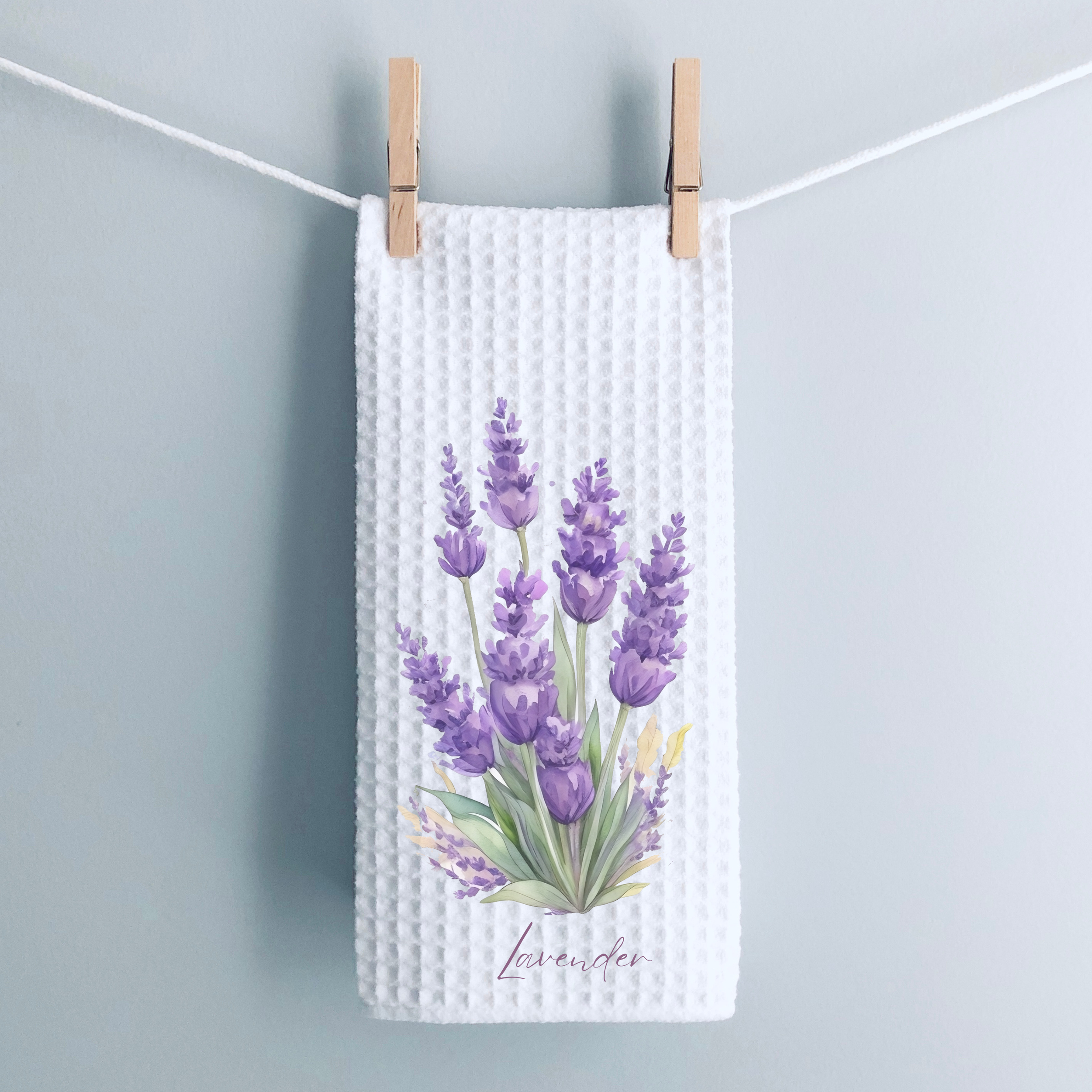 Lavender botanical waffle weave tea towel with printed Lavender underneath lavender print, hanging