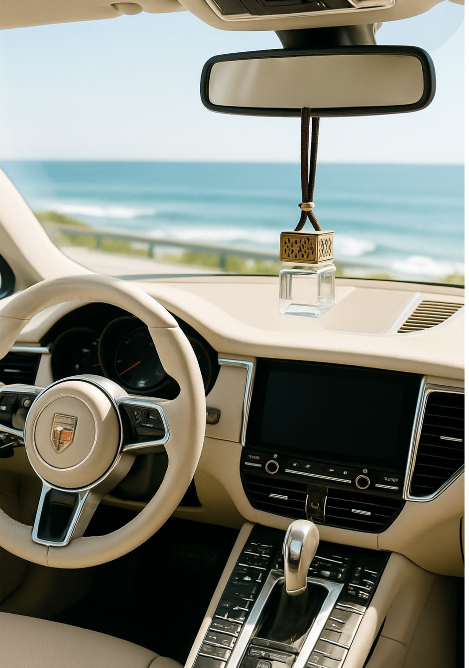 Dune & Sea car diffuser hanging from rearview mirror, refillable car air freshener with coastal inspired citrus and musk notes