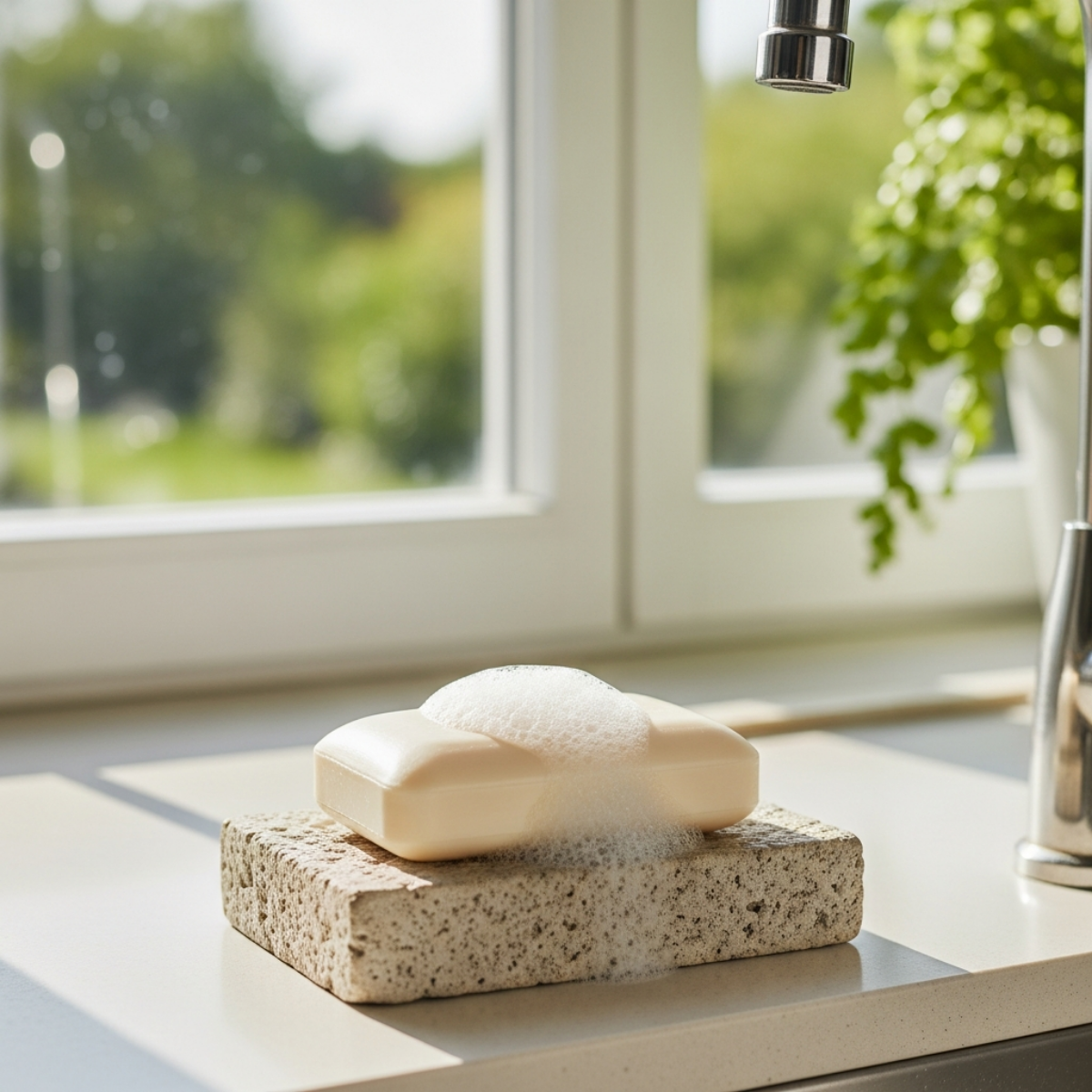 Bar of soap with creamy lather on a soap dish, styled by a large window with natural light and a soft-focus view of lush greenery outside.