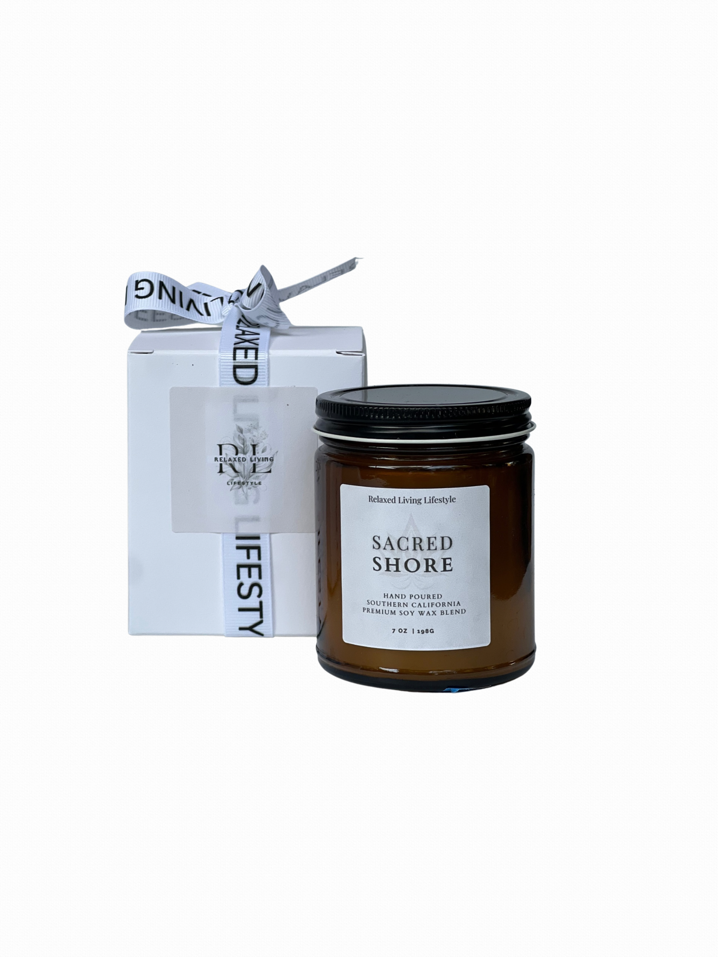 Sacred Shore Candle 7oz with notes of bergamot, amber, and oud. A calming blend of citrus & warm resinous woods with Candle Box and Ribbon