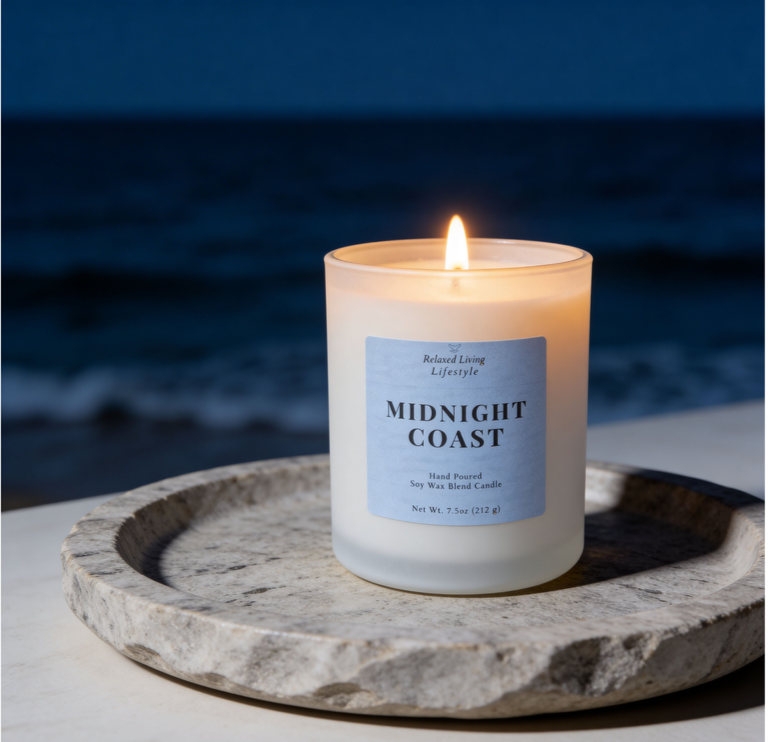 Lit Midnight Coast soy candle on a stone textured tray with a dark ocean backdrop, creating a moody, coastal-inspired setting with a refined, minimal look