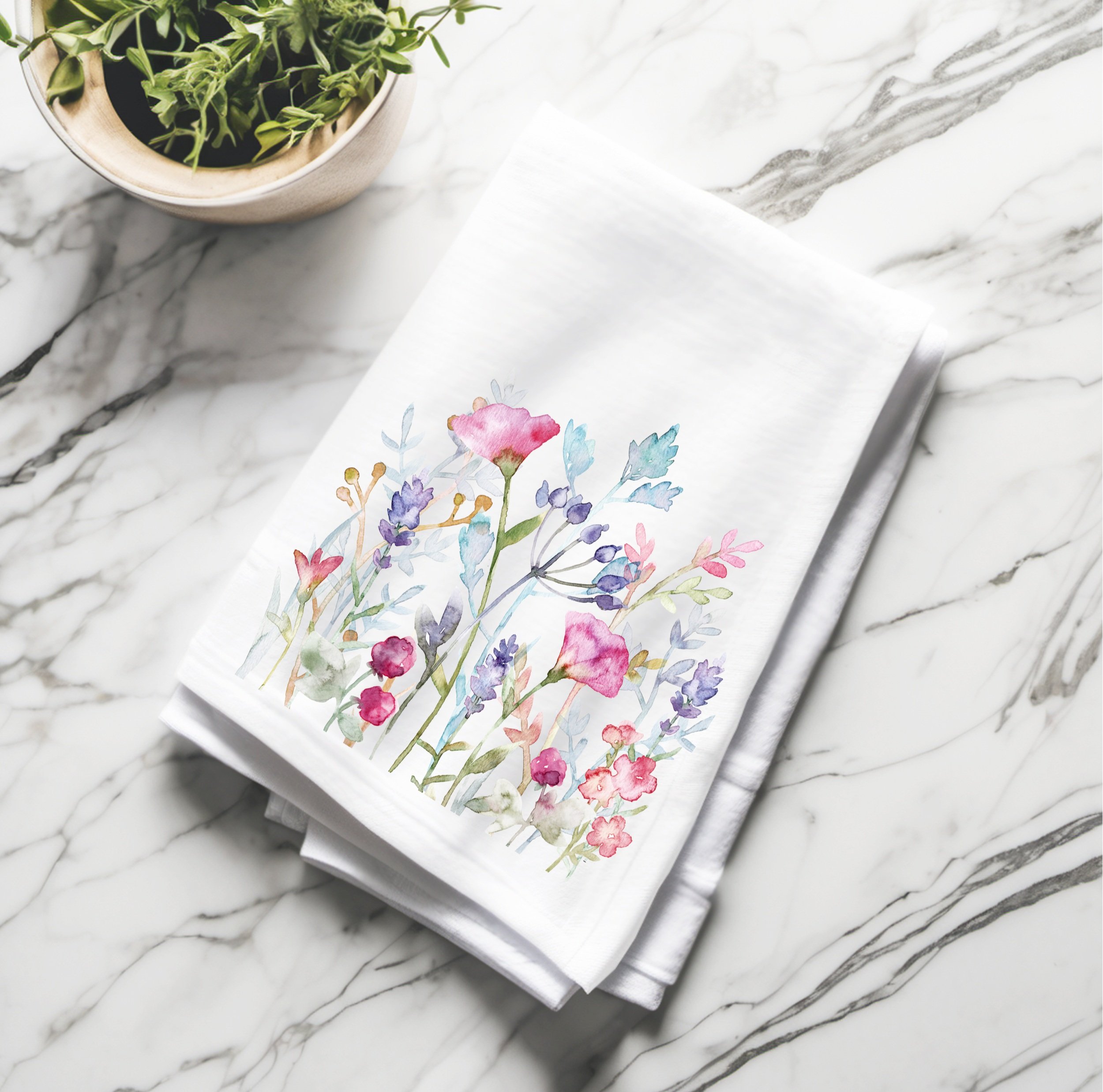 100% cotton kitchen tea towel with hanging loop and watercolor floral design