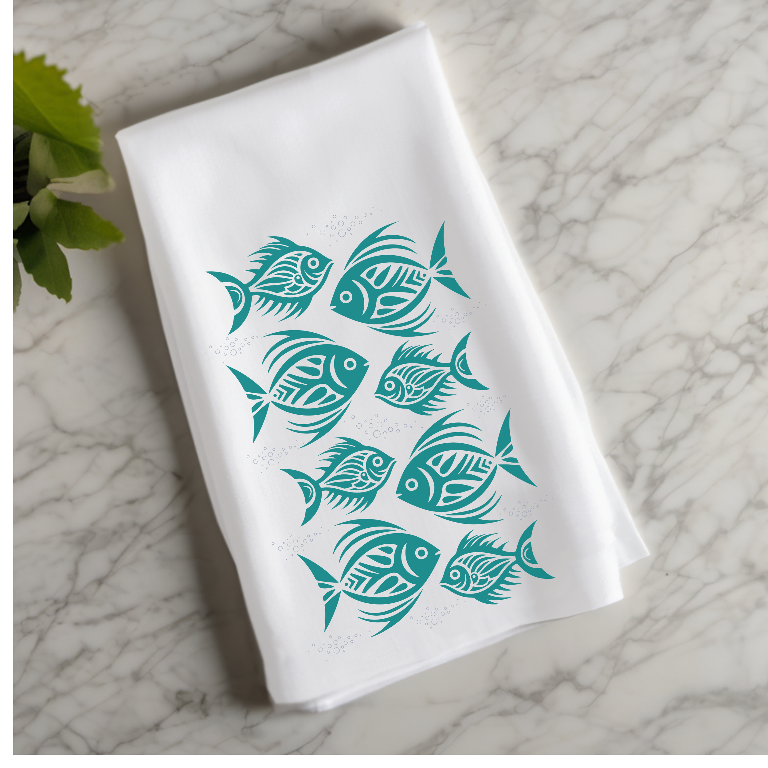 100% cotton tea towel with watercolor tribal fish patterns, a stylish and practical addition to any coastal, or beach themed home