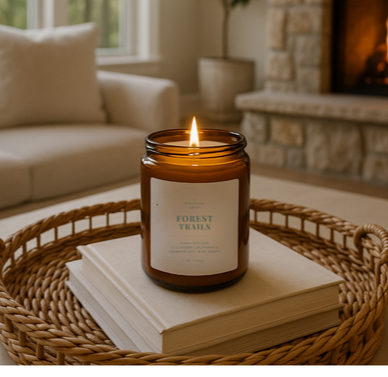 Forest Trails reed diffuser styled on a tray, in a living room setting with a backdrop of large windows looking out to the forest, featuring fresh citrus, earthy greens, and warm wood notes