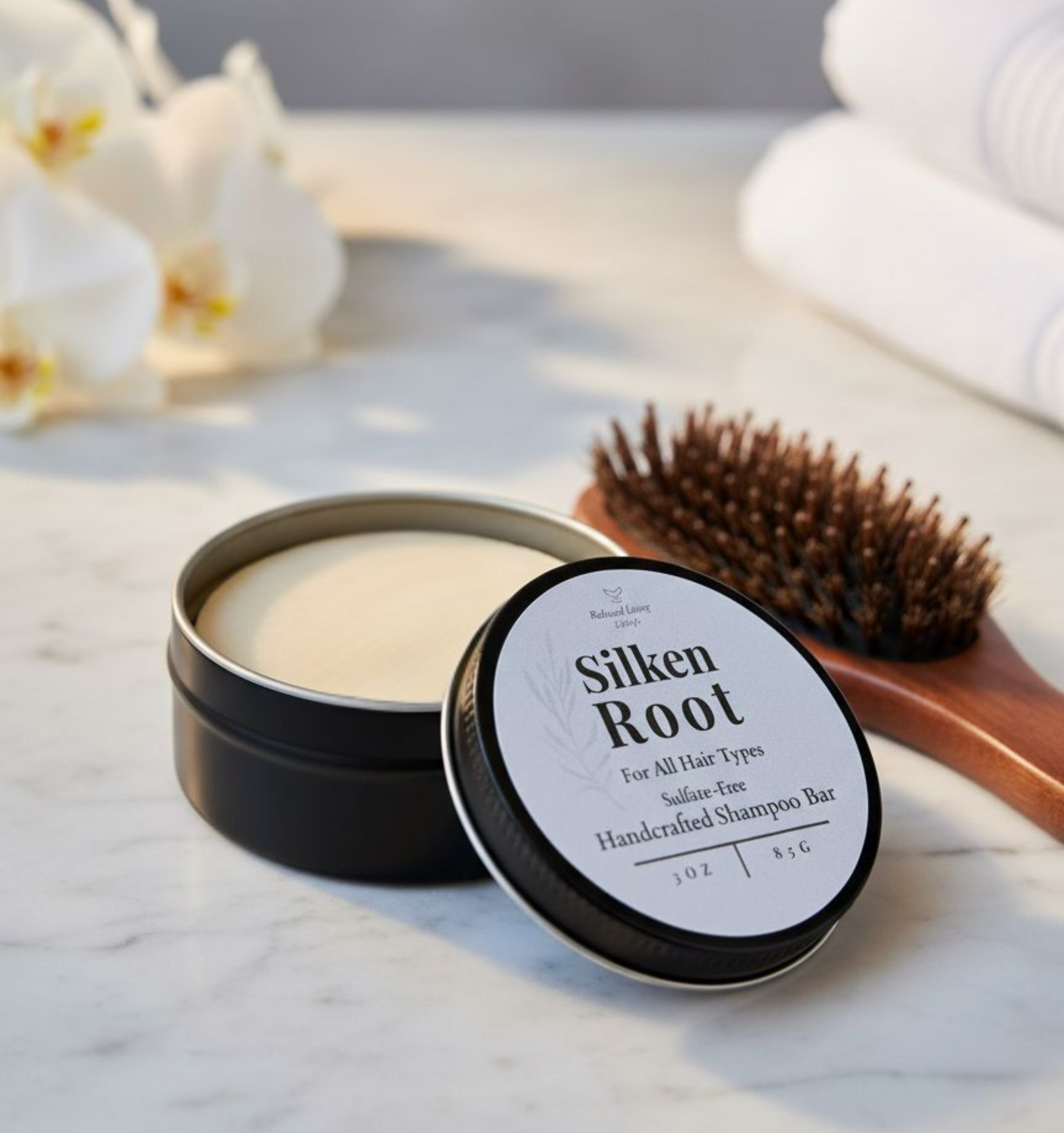 “Eco-friendly Silken Root Shampoo Bar displayed on minimalist spa surface – sulfate-free solid shampoo bar for all hair types.”