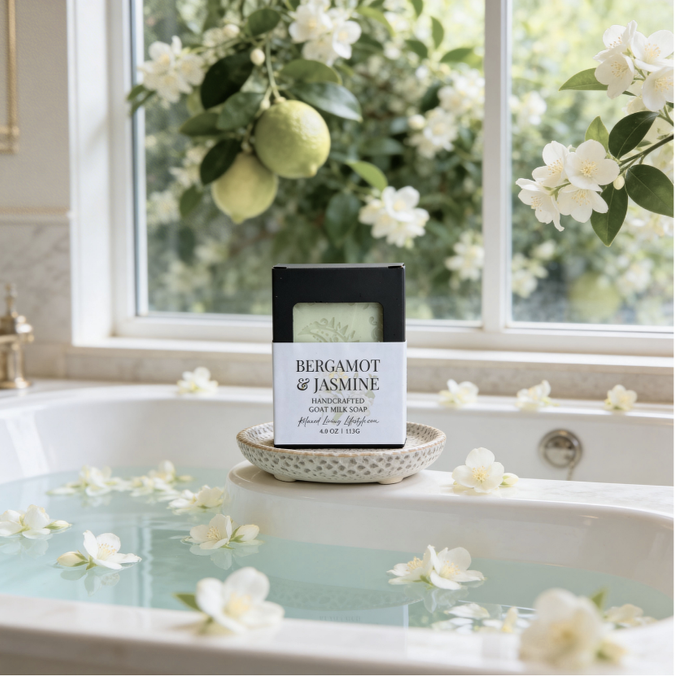 Bergamot & Jasmine goat milk soap displayed in a textured soap dish, styled near a soaking tub with scattered jasmine flowers and a large window showing a subtle jasmine view outside.