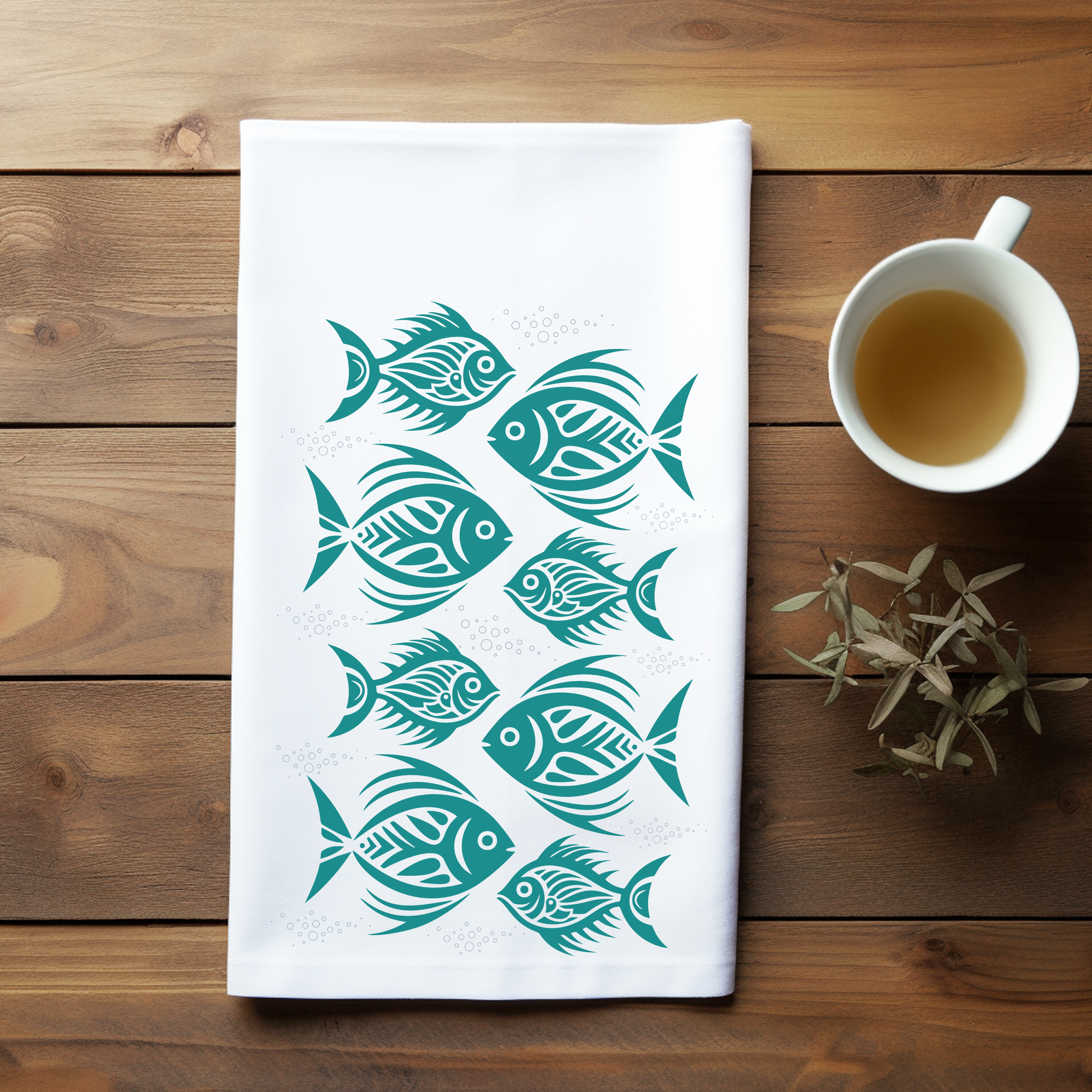 Tribal Fish tea towel with vibrant watercolor fish artwork, crafted from soft cotton, a perfect accent for a nautical or modern kitchen