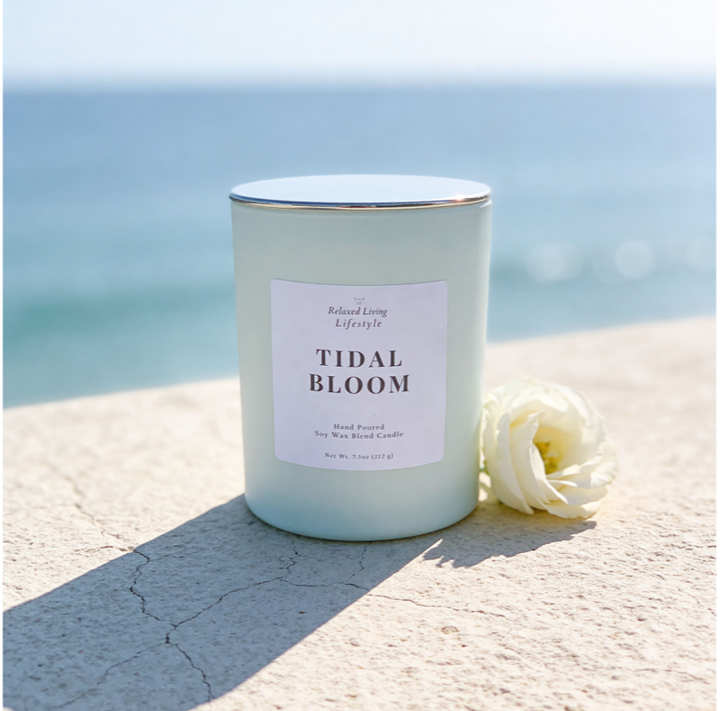 Tidal Bloom soy candle with lid displayed on a textured stone surface with a delicate flower beside it, featuring an ocean view in the background for a soft, coastal-inspired setting