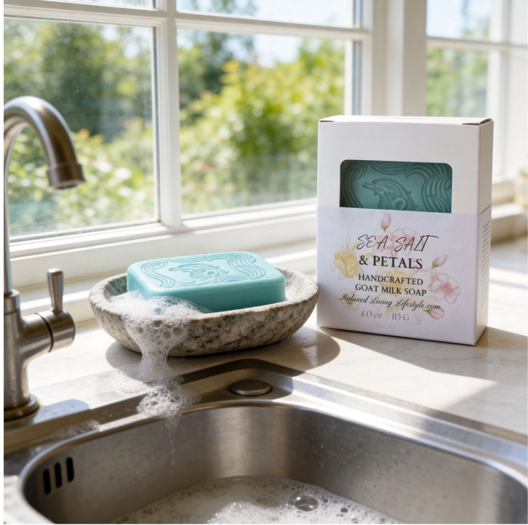 Sea Salt & Petals goat milk soap bar with creamy lather in a textured soap dish beside a sink, with the boxed soap standing upright next to it and a large window showing subtle greenery outside.