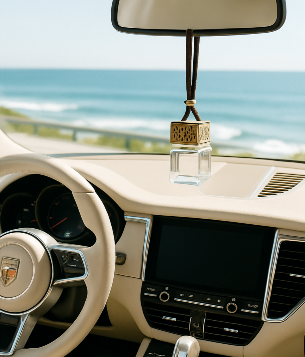 Dune & Sea car diffuser hanging from rearview mirror, refillable car air freshener with coastal inspired citrus and musk notes