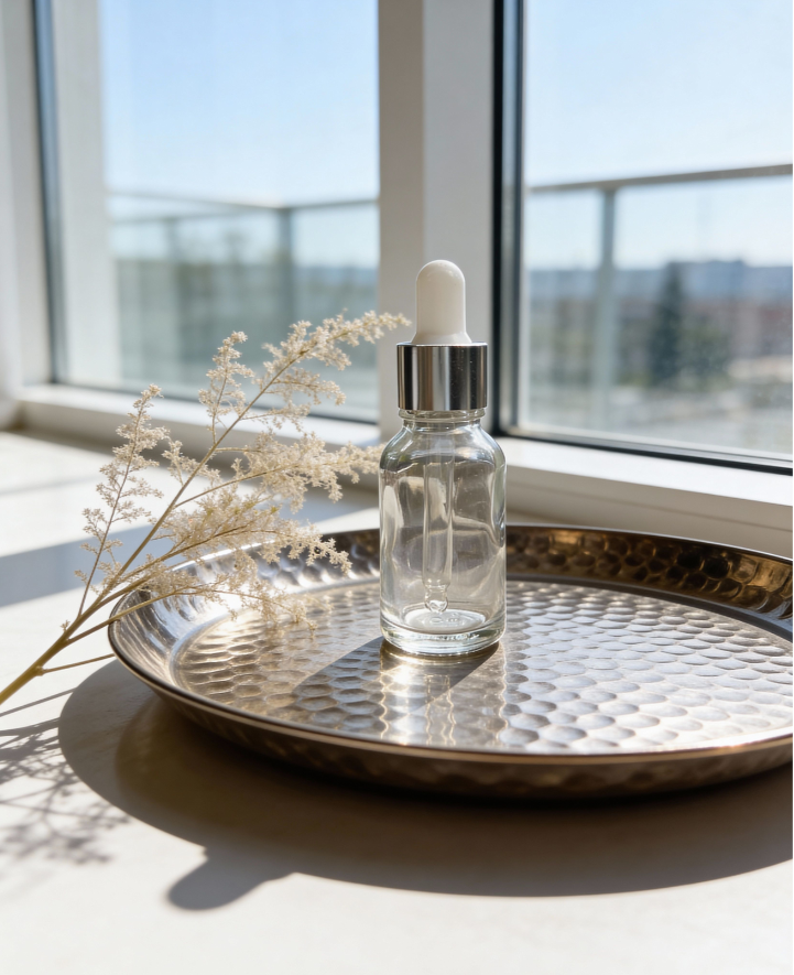 15 ml car fragrance refill bottle styled on a metal tray near large windows with natural light