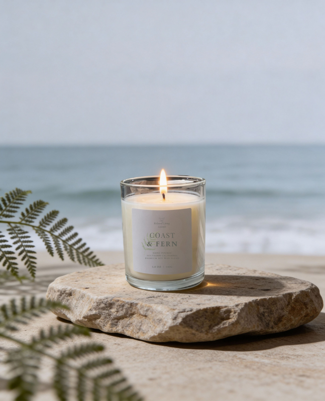 Coast & Fern 5 oz soy candle lit and styled with airy ferns on textured surface, coastal view in background. Bergamot, lavender, moss, and juniper scent.