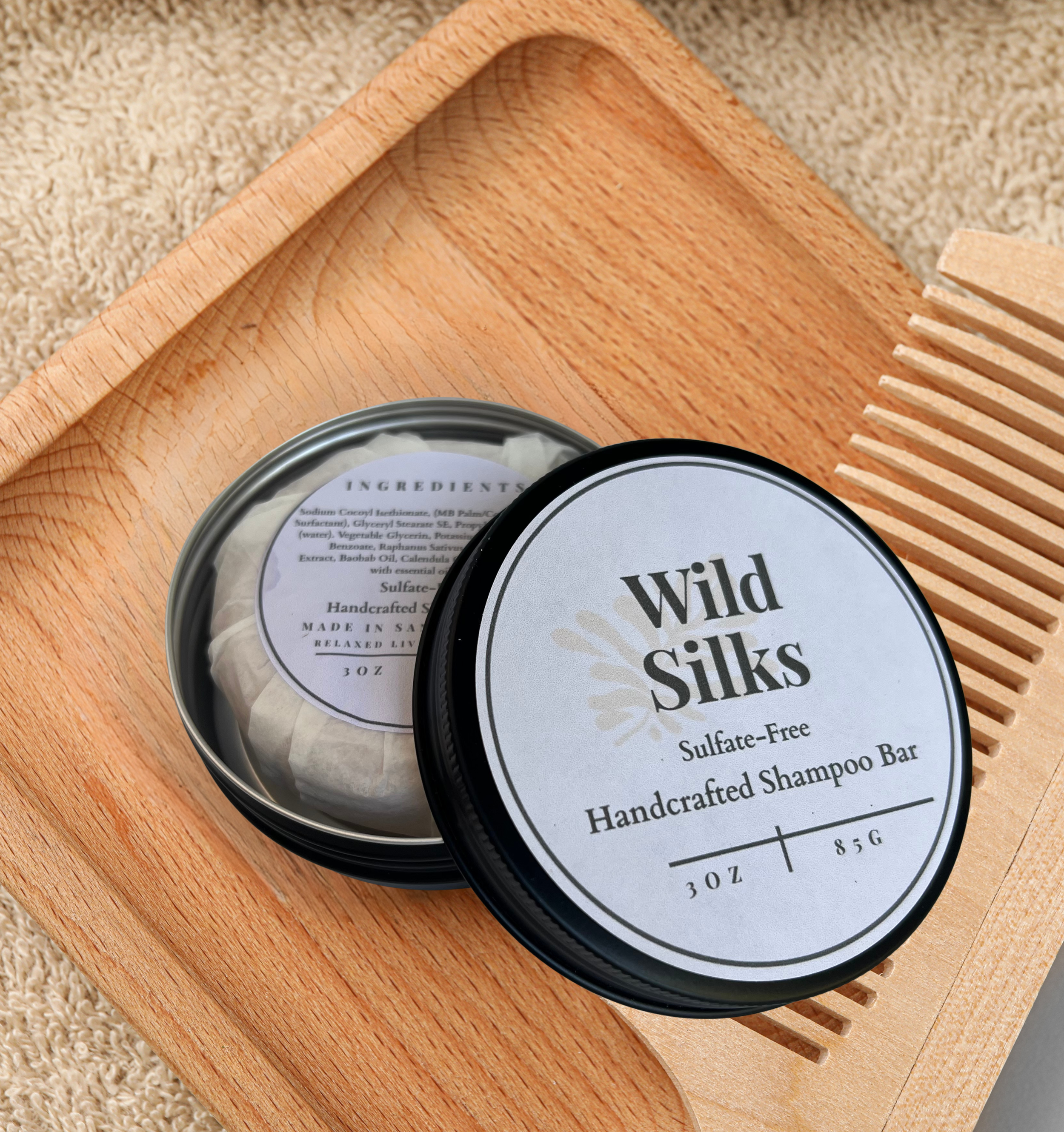 Handcrafted Wild Silks Shampoo Bar for all hair types, sulfate-free and infused with a refreshing citrus scent