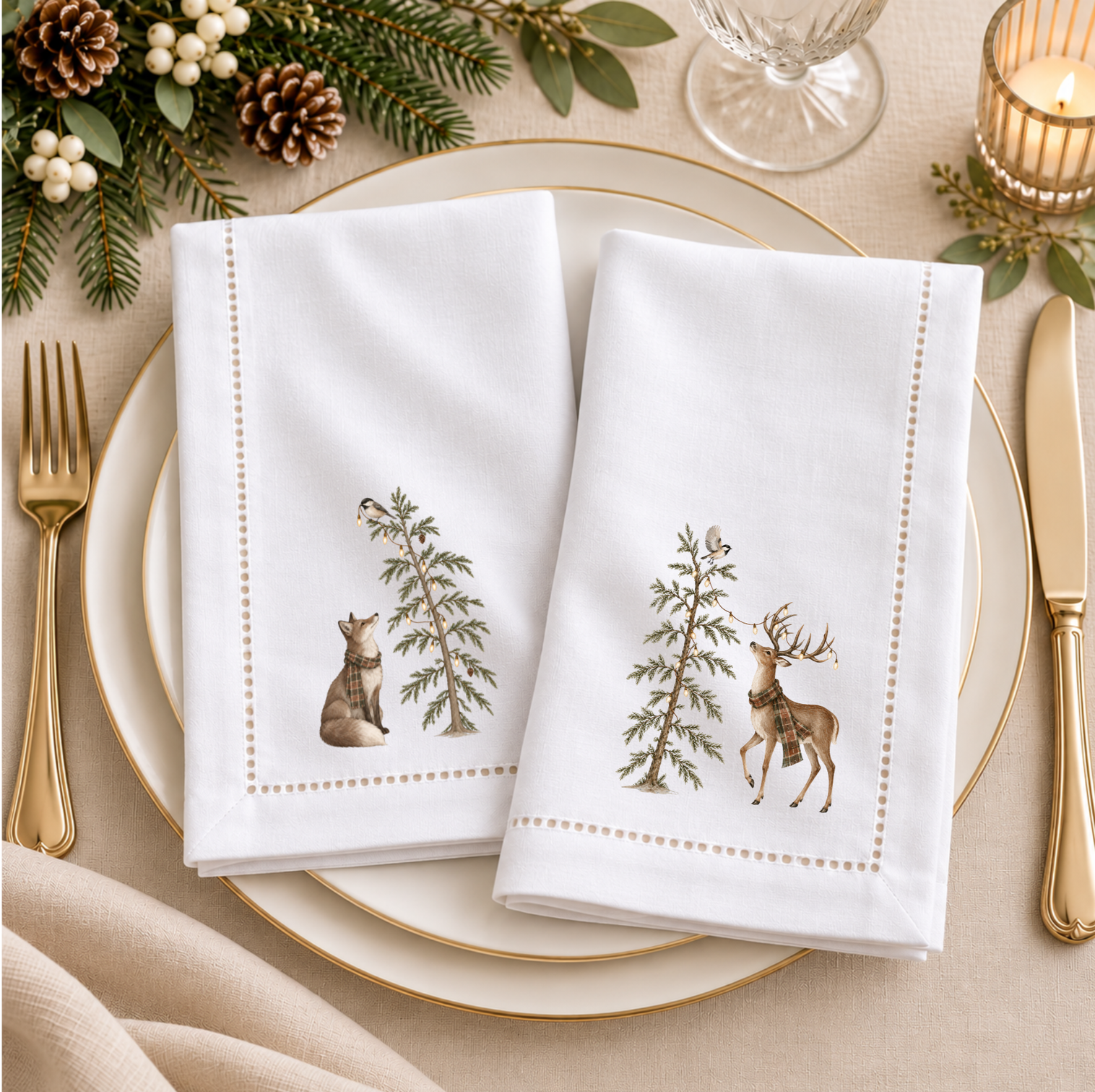 Two white hemstitched cotton napkins with coordinating woodland holiday designs featuring a fox, deer, evergreen trees, and chickadees arranged on a winter place setting.
