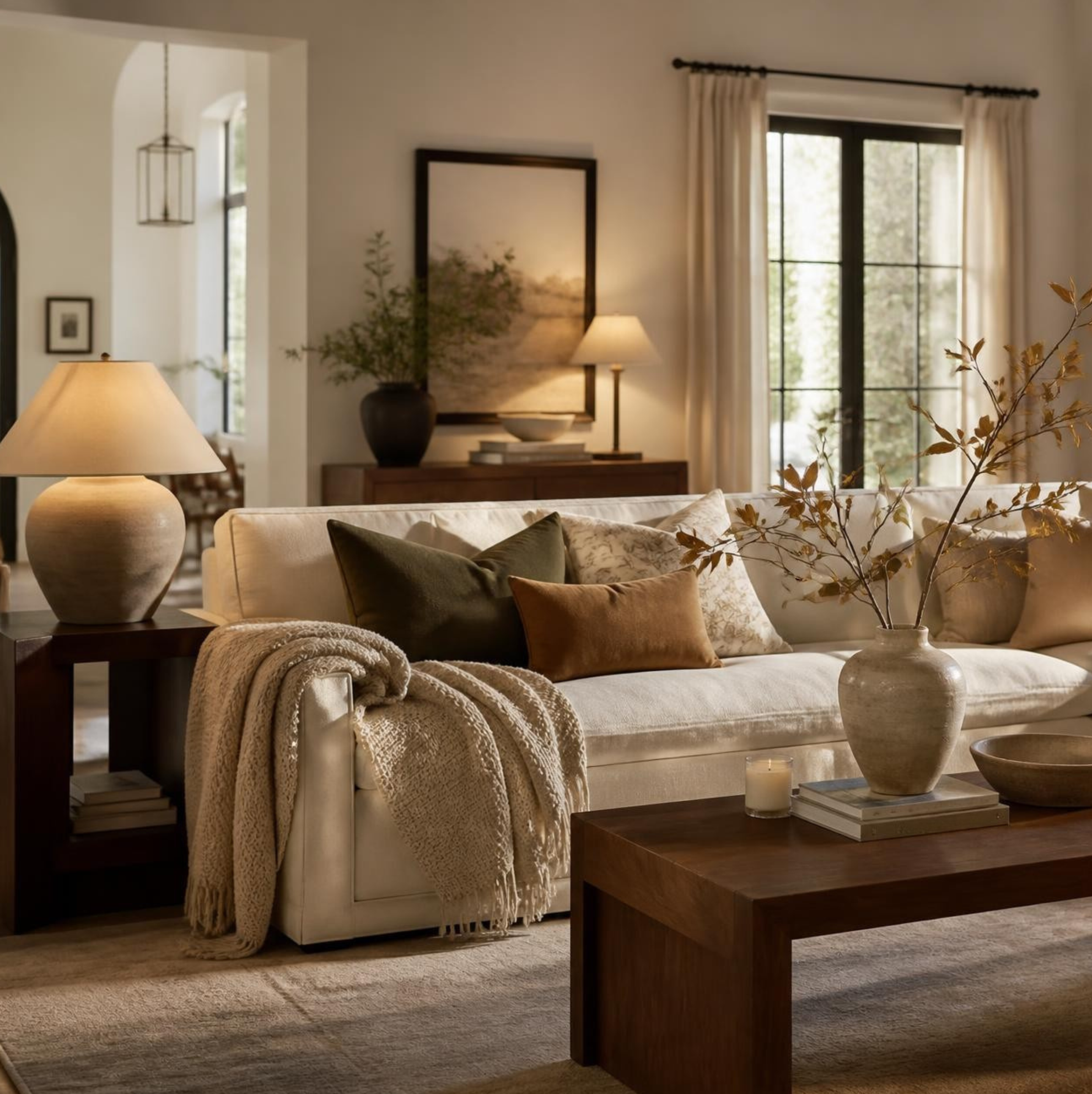 Cozy fall living room with a cream sofa, textured knit throw, warm neutral pillows, table lamps, autumn branches, and a lit candle.