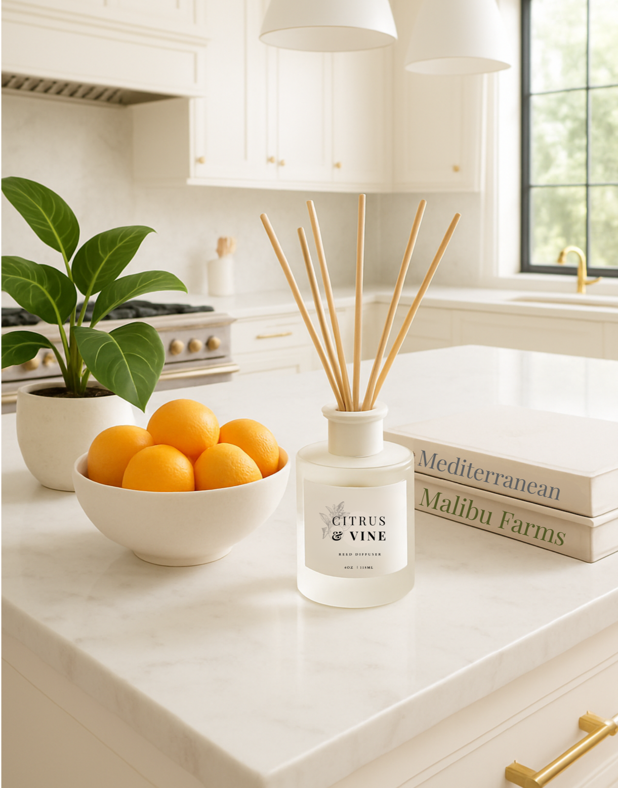 Citrus & Vine reed diffuser with notes of bergamot, neroli, and jasmine. A bright, floral citrus scent with a soft sandalwood base