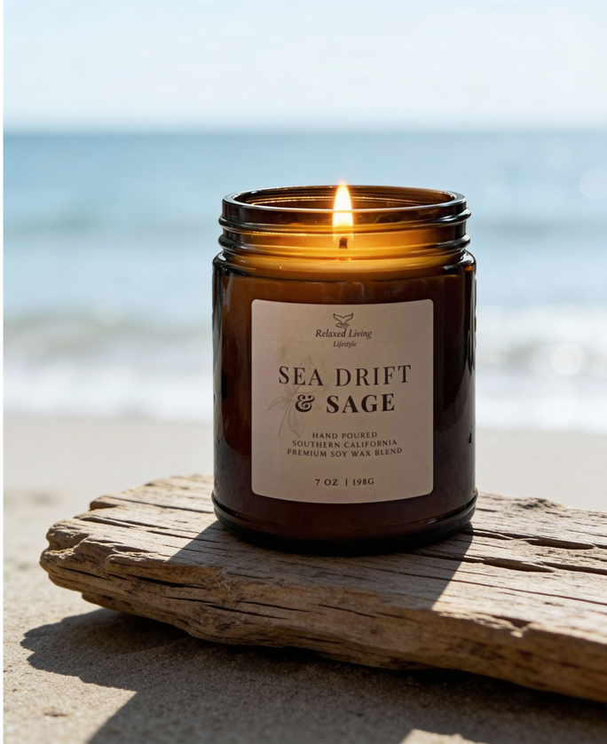 Lit Sea Drift & Sage candle on a textured surface with ocean and shoreline in the background – artisan soy candle with sage, citrus, lavender, and oakmoss scent.
