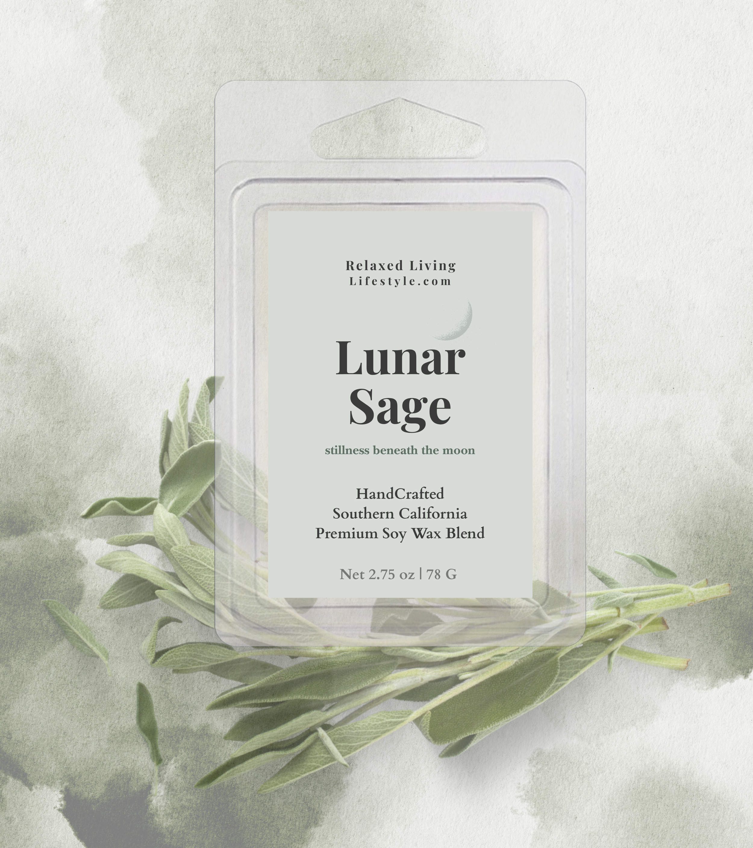 featuring Lunar Sage Wax Melt with scents of pear, rose, palo santo, and patchouli