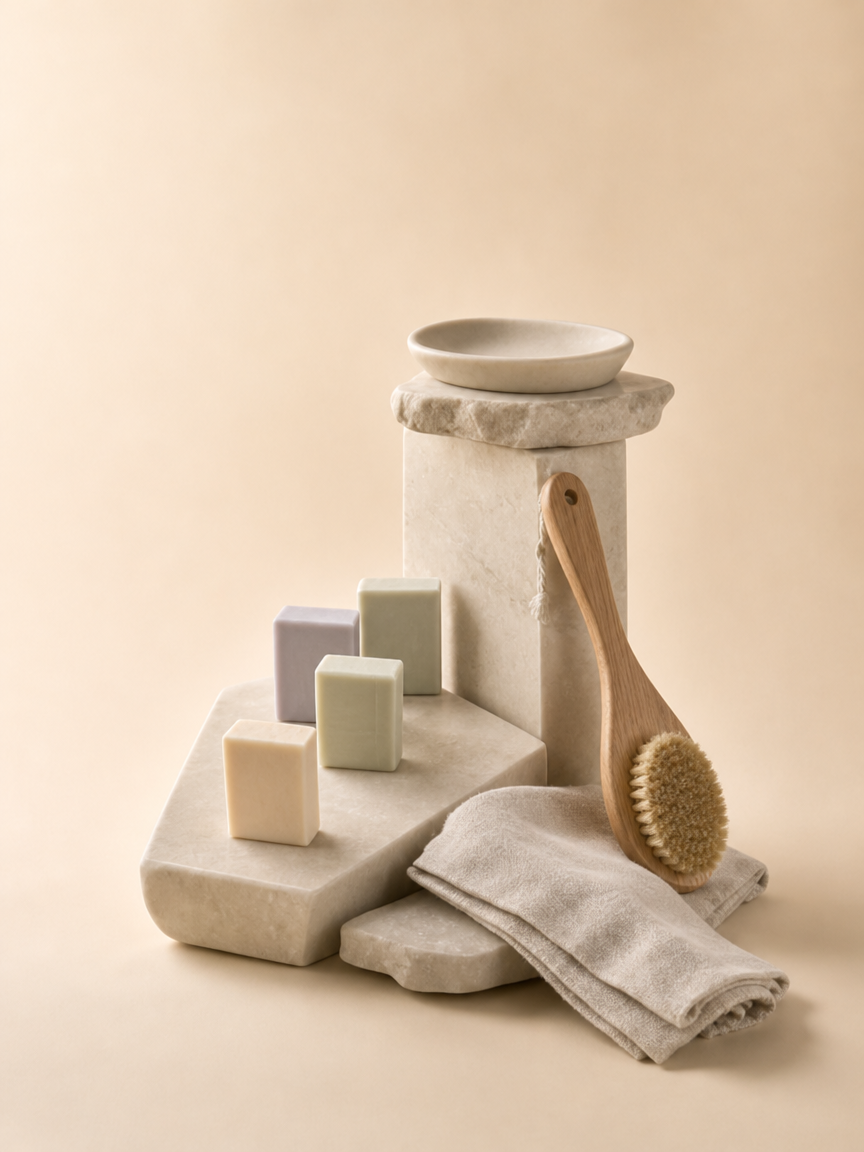 Collection of four handcrafted soap bars in lavender, sage and cream on marble stone with wooden bath brush and linen towel