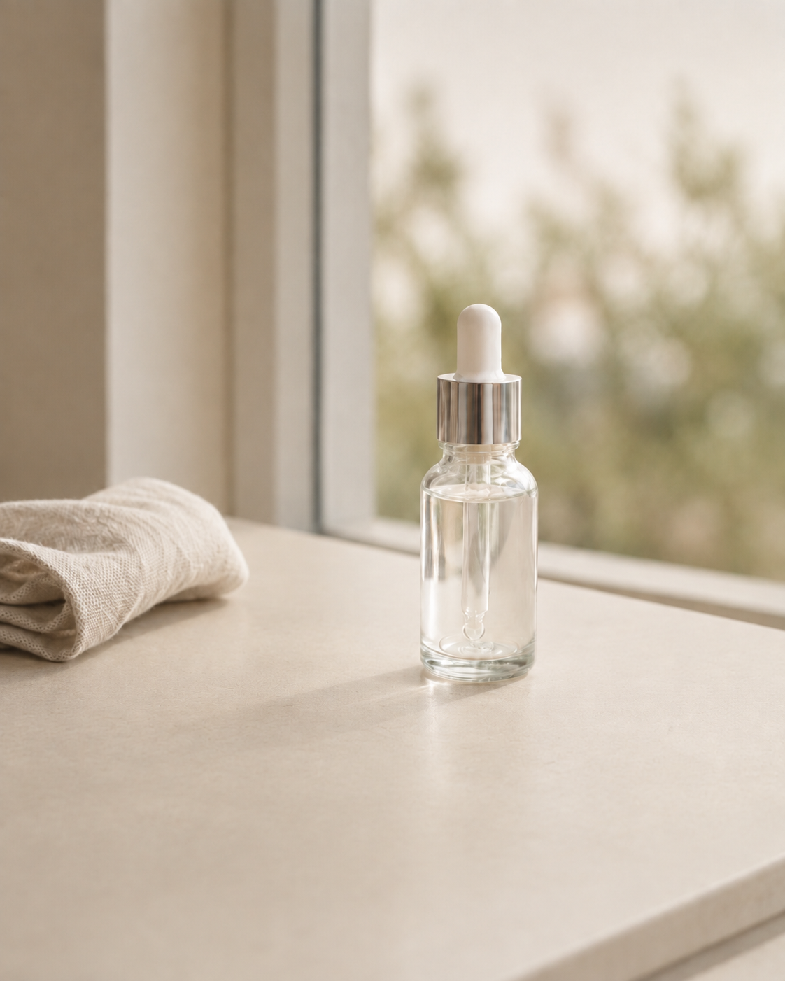 Clear 15 ml car diffuser refill bottle with silver dropper cap on a light stone surface beside folded neutral linen and a softly blurred window with greenery outside.