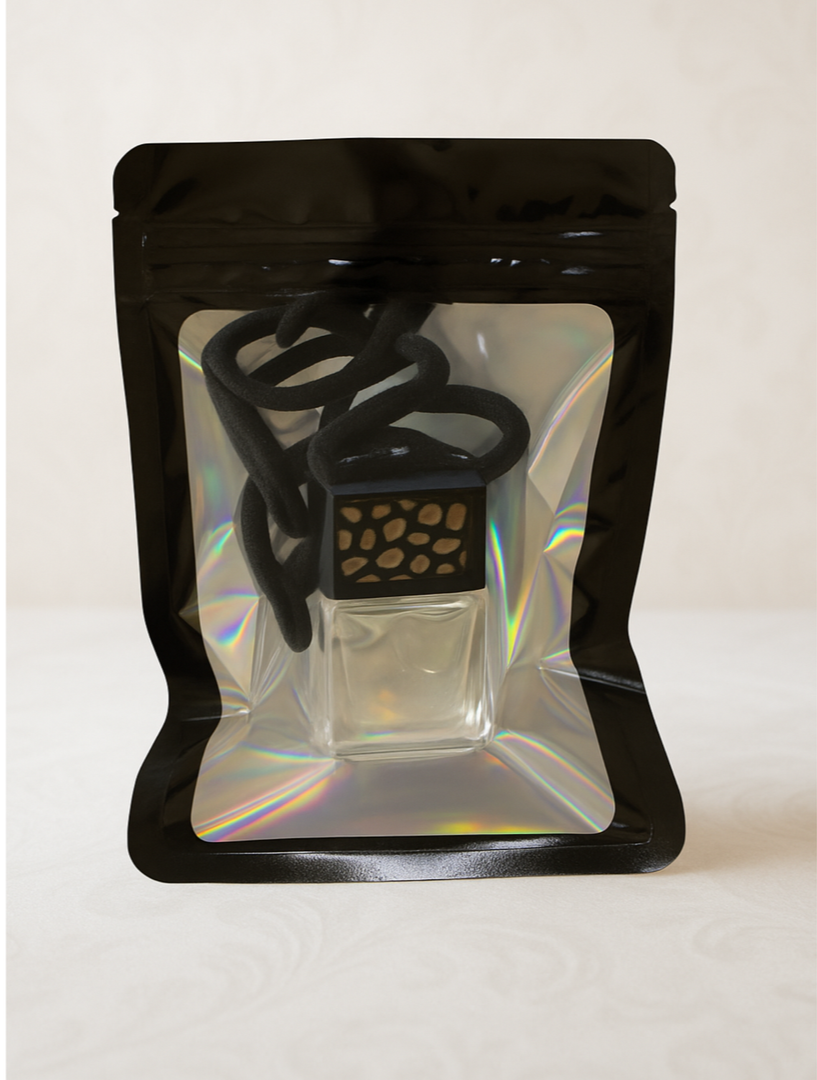 Free spirit car diffuser with fragrance tag-basil, grapefruit, rose, patchouli scent in 8ml glass bottle, relaxed living lifestyle