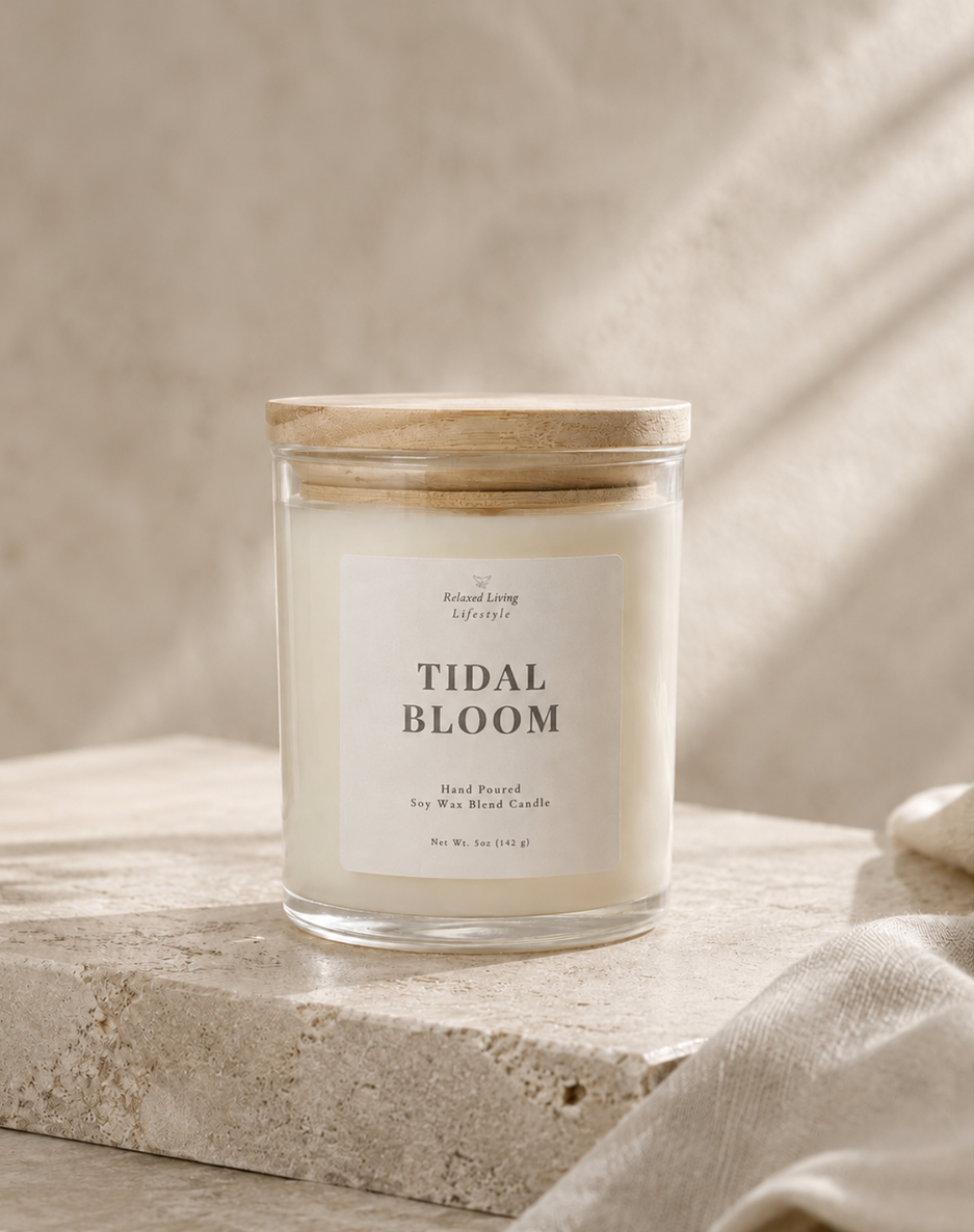 Tidal Bloom 5 oz soy candle with wooden lid displayed on a textured surface against a neutral backdrop, featuring coastal floral fragrance notes and elegant nature-inspired home décor styling.