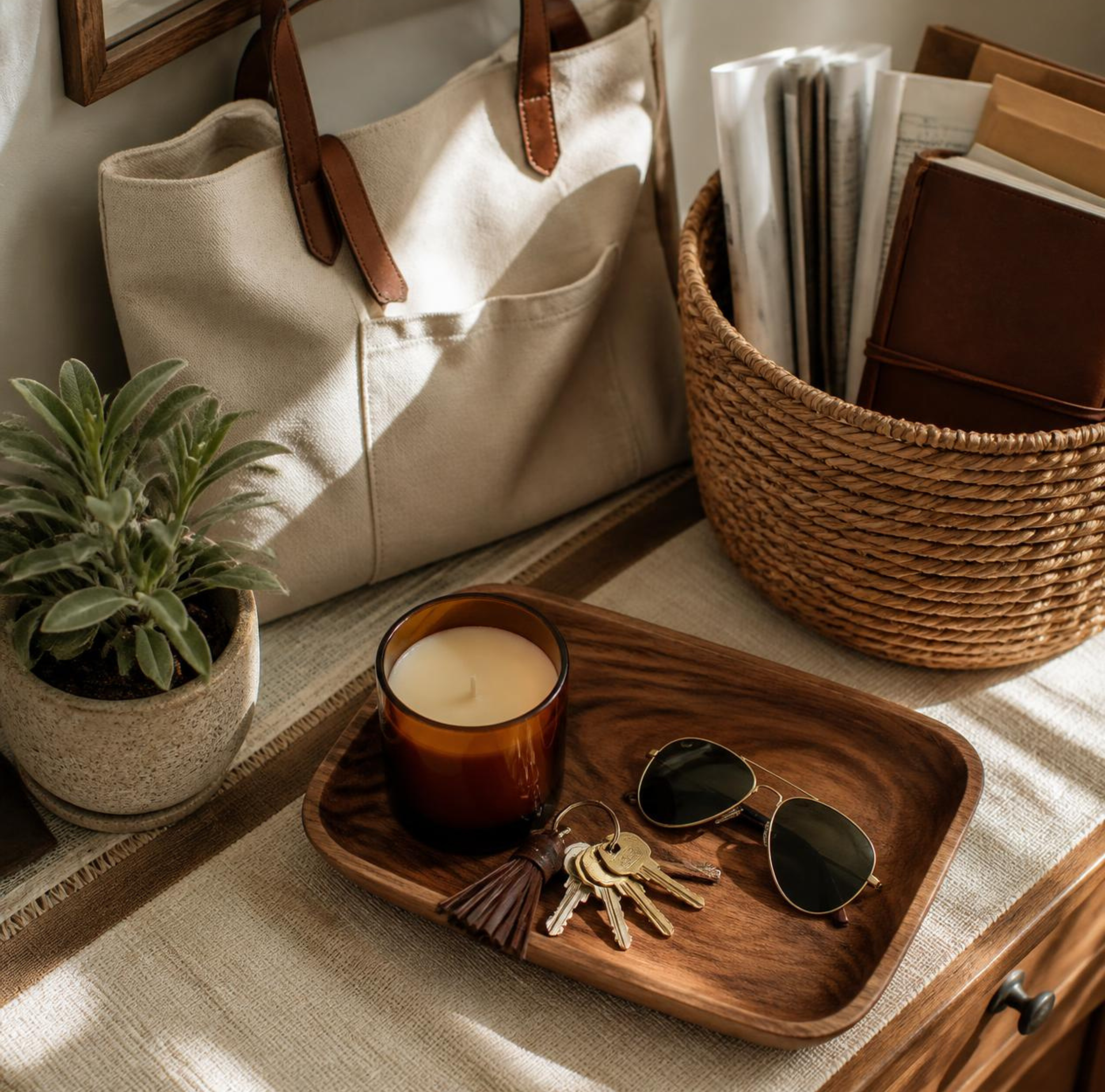 Organized entryway drop zone with woven basket, keys, and candle for simple home organization