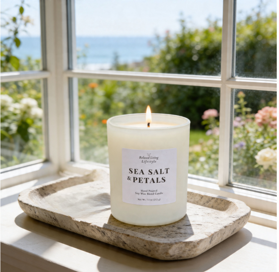 Sea Salt and Petals soy candle styled in a textured stone tray with greenery and florals near a large window, featuring a blurred ocean view in the distance for a fresh, coastal-inspired setting