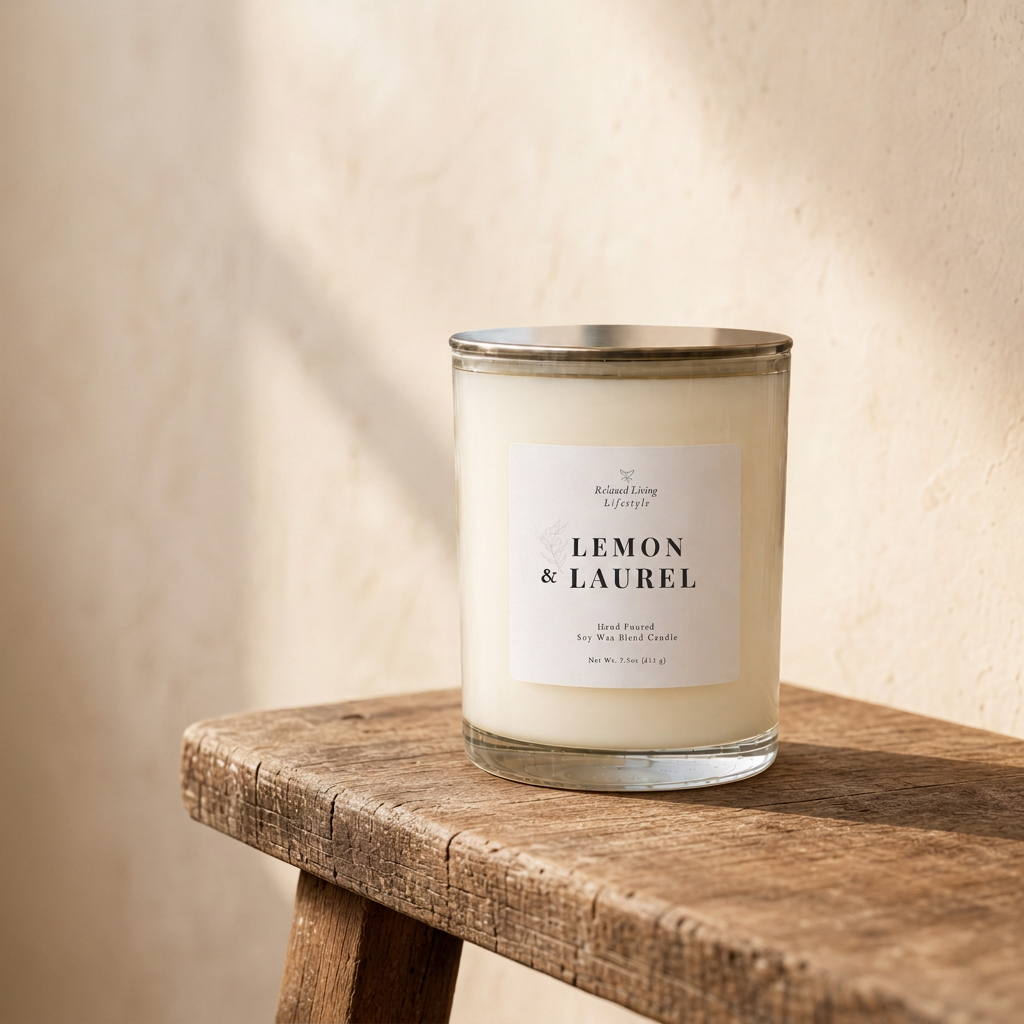 Lemon & Laurel hand poured soy wax blend candle in a glass jar with silver lid on a rustic wooden bench