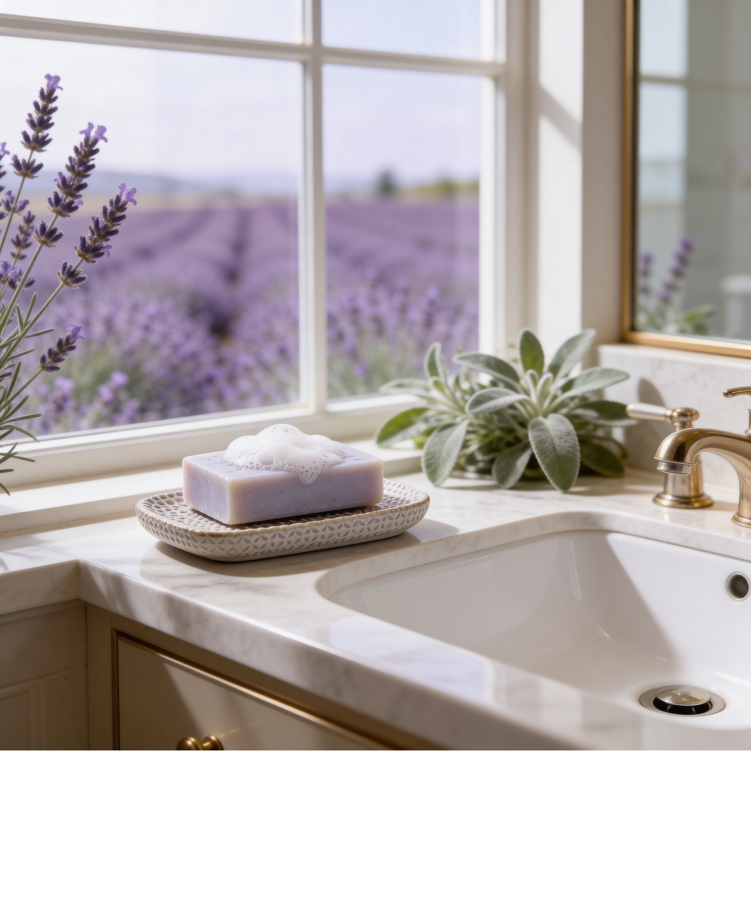 Lavender goat milk soap with creamy lather on a soap dish by a sink, with a window view of blurred lavender creating a calming spa-like setting