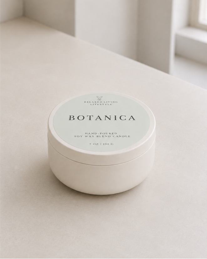 Relaxed Living Lifestyle BOTANICA 7 oz botanical candle tin with pale green lid label, styled on a light stone surface