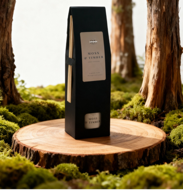 “Moss & Timber reed diffuser boxed and gift-ready, displayed on a round wood tray with a lush moss-covered forest and tall trees in the background, earthy nature-inspired home fragrance.