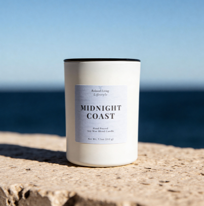 “Midnight Coast soy candle with lid displayed on a textured stone tray, set against a nighttime ocean view, creating a moody coastal atmosphere with a clean, elevated aesthetic”