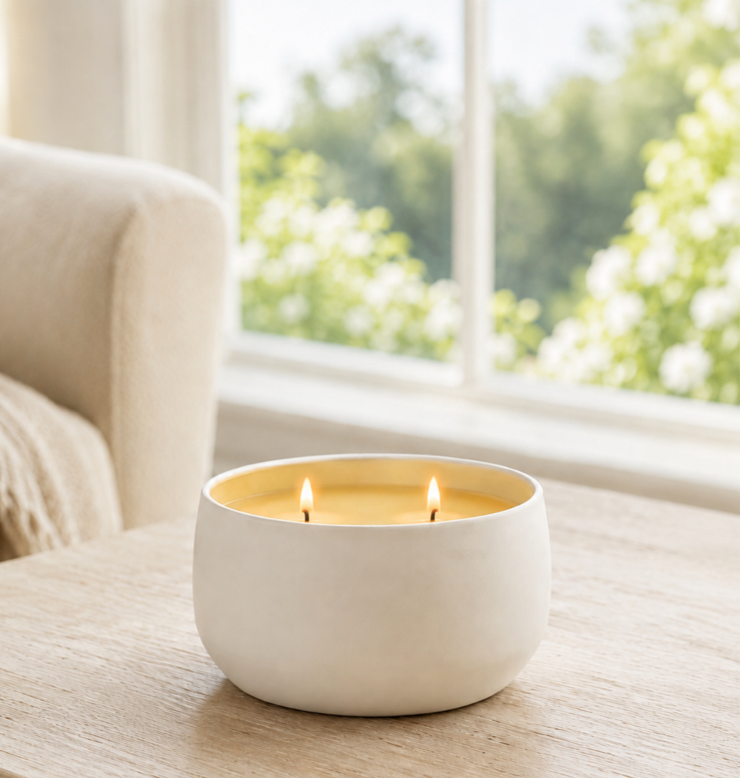 Lit BOTANICA 7 oz double-wick candle in a clay-beige metal tin on a light wood table beside a bright garden window.